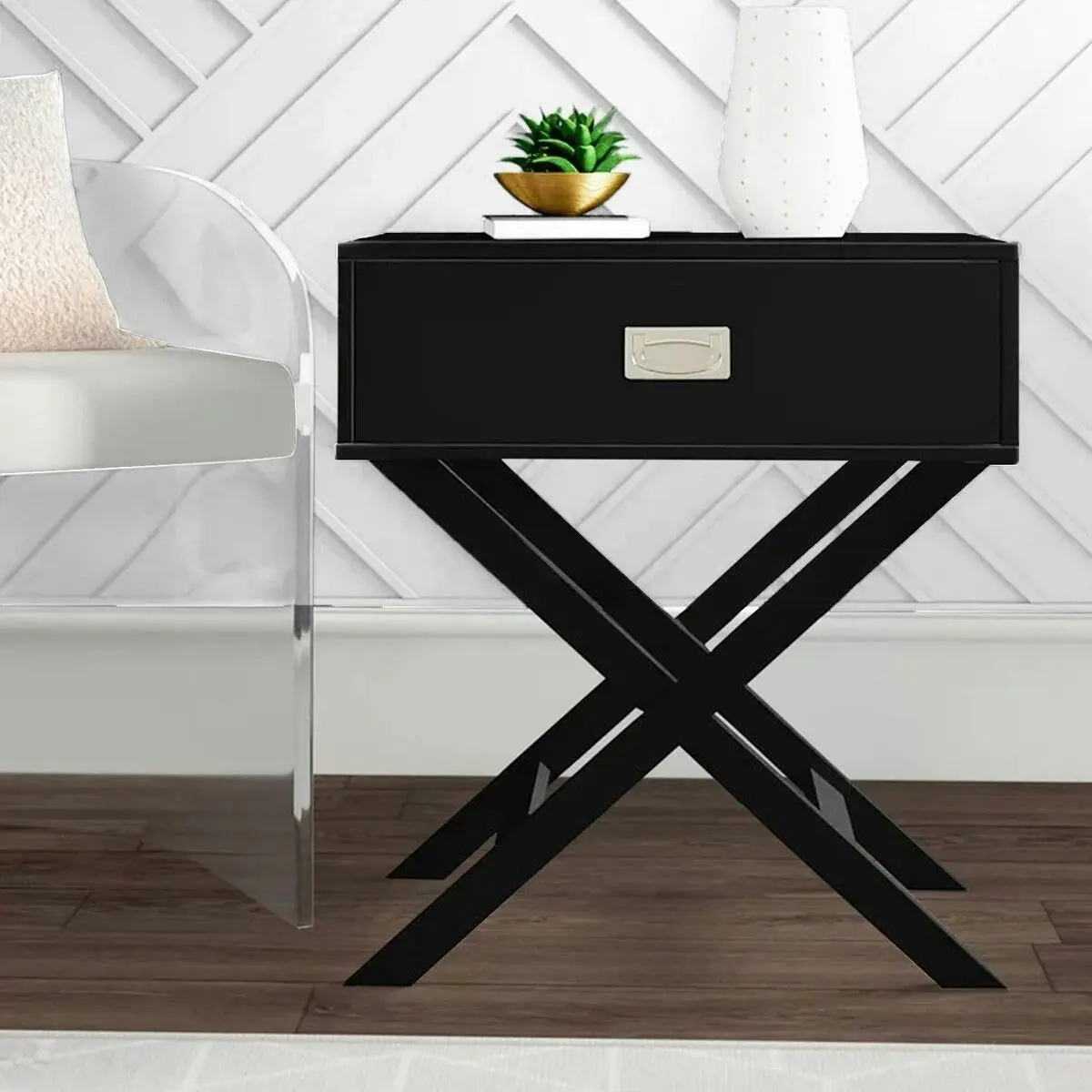 Ausway Black End Bedside Table With Drawer Modern Wooden Storage Cabinet Small Nightstand Living Room