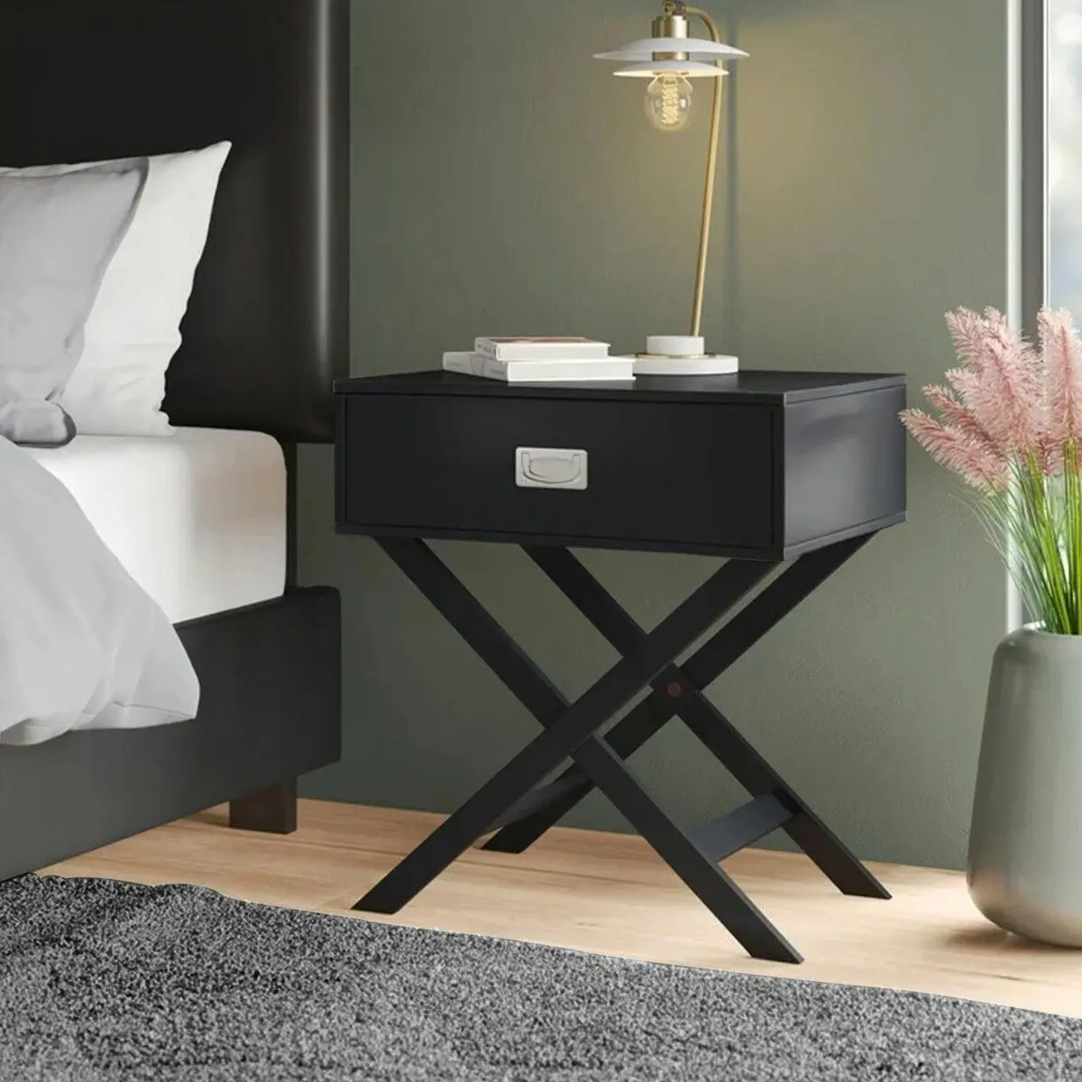 Ausway Black End Bedside Table With Drawer Modern Wooden Storage Cabinet Small Nightstand Living Room