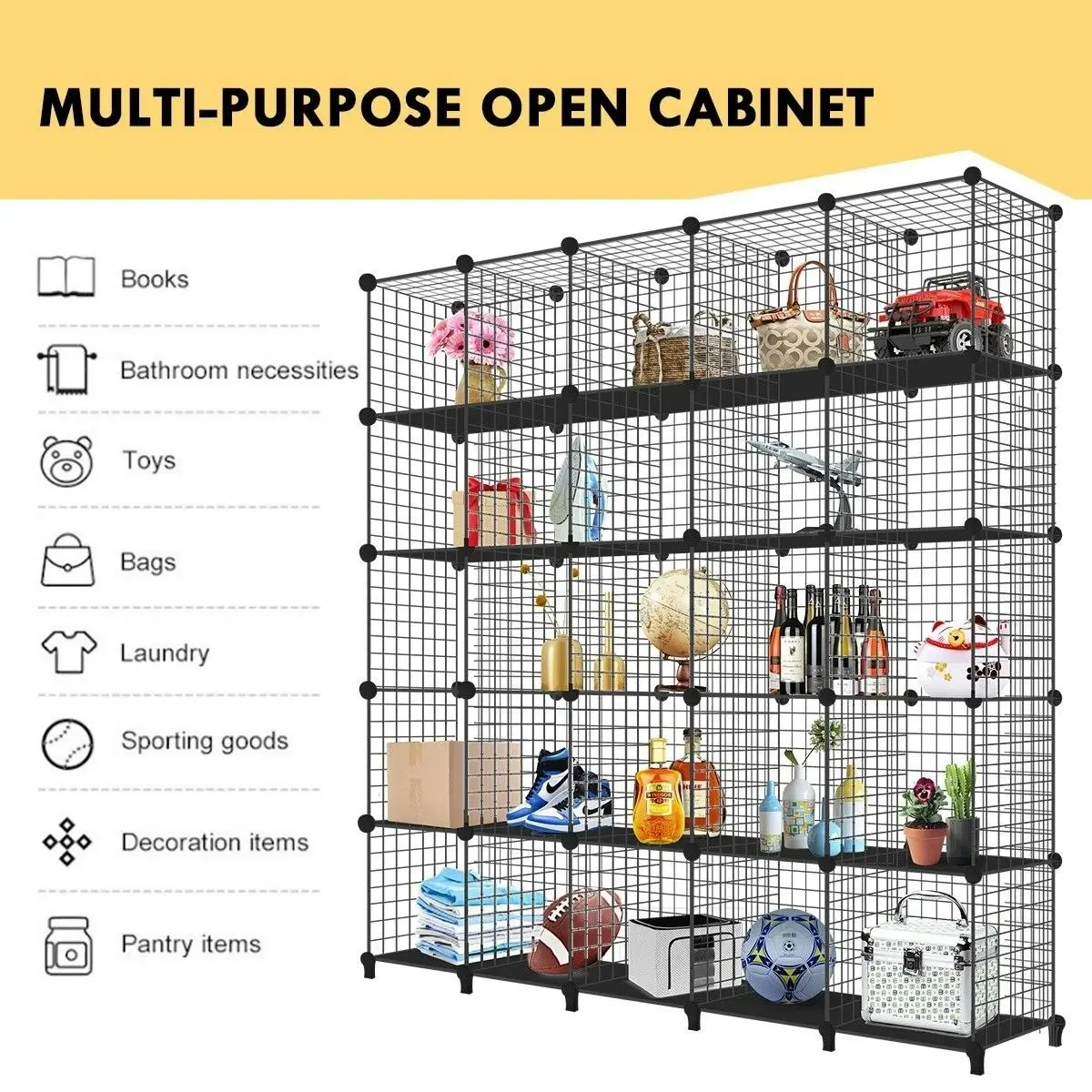 Ausway Metal Wire 25-Cube Storage Grid Organizer DIY Modular Cabinet for Toys Books Clothes Black