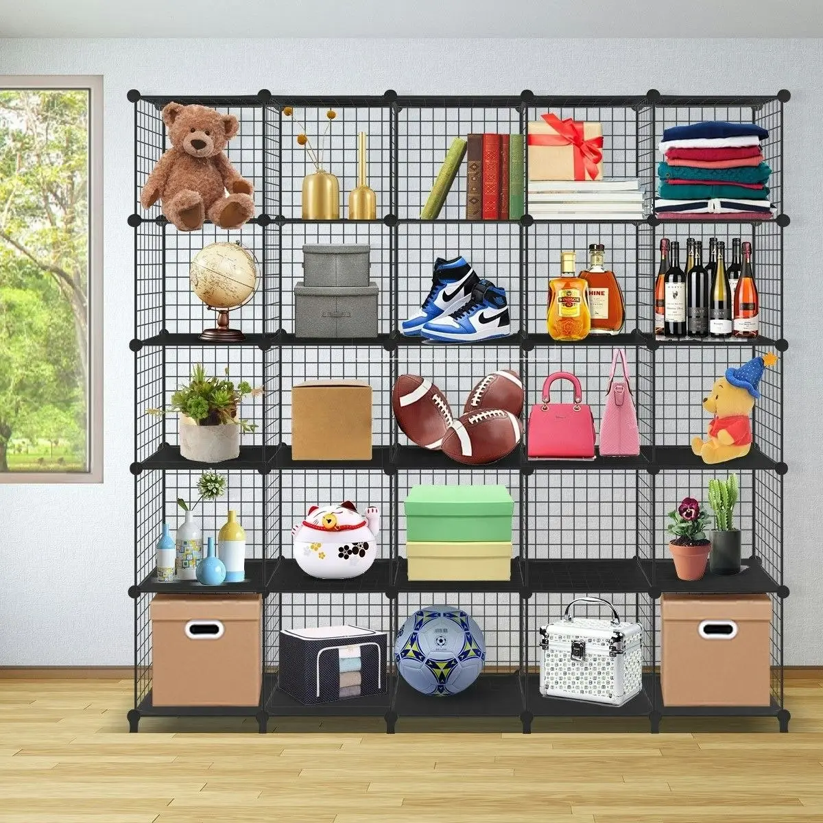 Ausway Metal Wire 25-Cube Storage Grid Organizer DIY Modular Cabinet for Toys Books Clothes Black