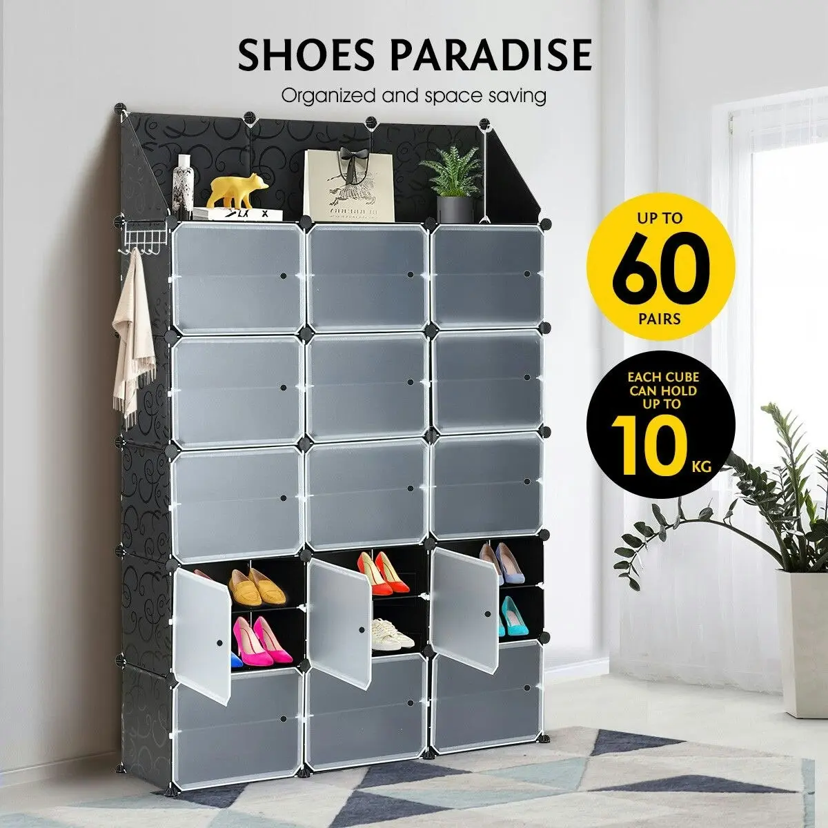 Ausway 60 Pairs Stackable Shoe Storage Box Organiser Cube DIY Shoe Cabinet Rack Shelf 30 Tier Black