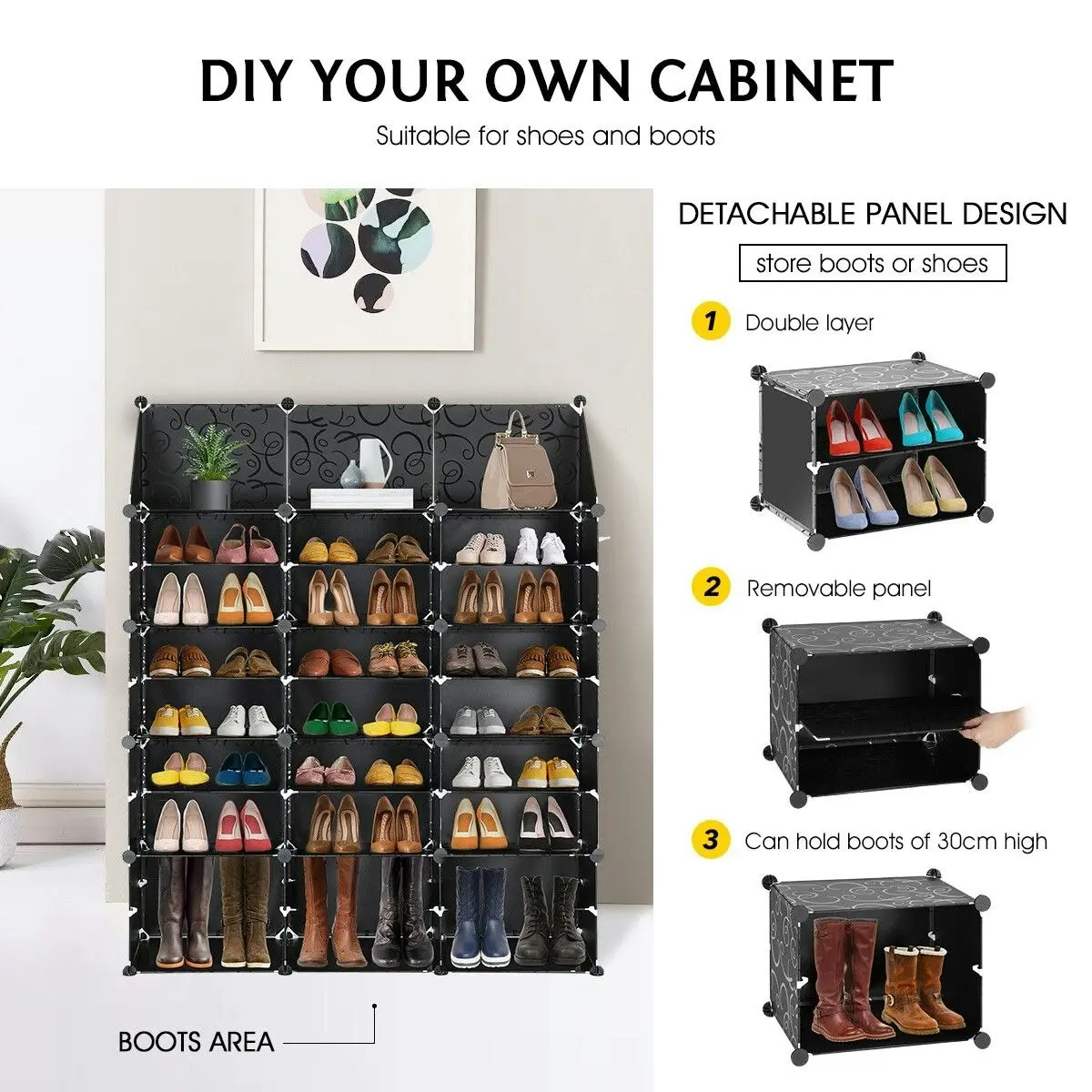 Ausway 48 Pairs Stackable Shoe Storage Box Organiser Cube DIY Shoe Cabinet Rack Shelf 24 Tier Black