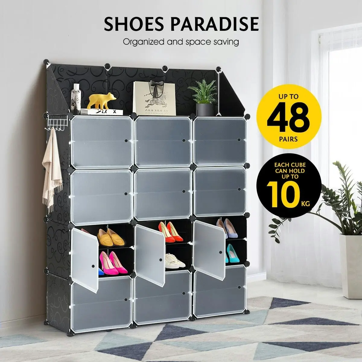 Ausway 48 Pairs Stackable Shoe Storage Box Organiser Cube DIY Shoe Cabinet Rack Shelf 24 Tier Black