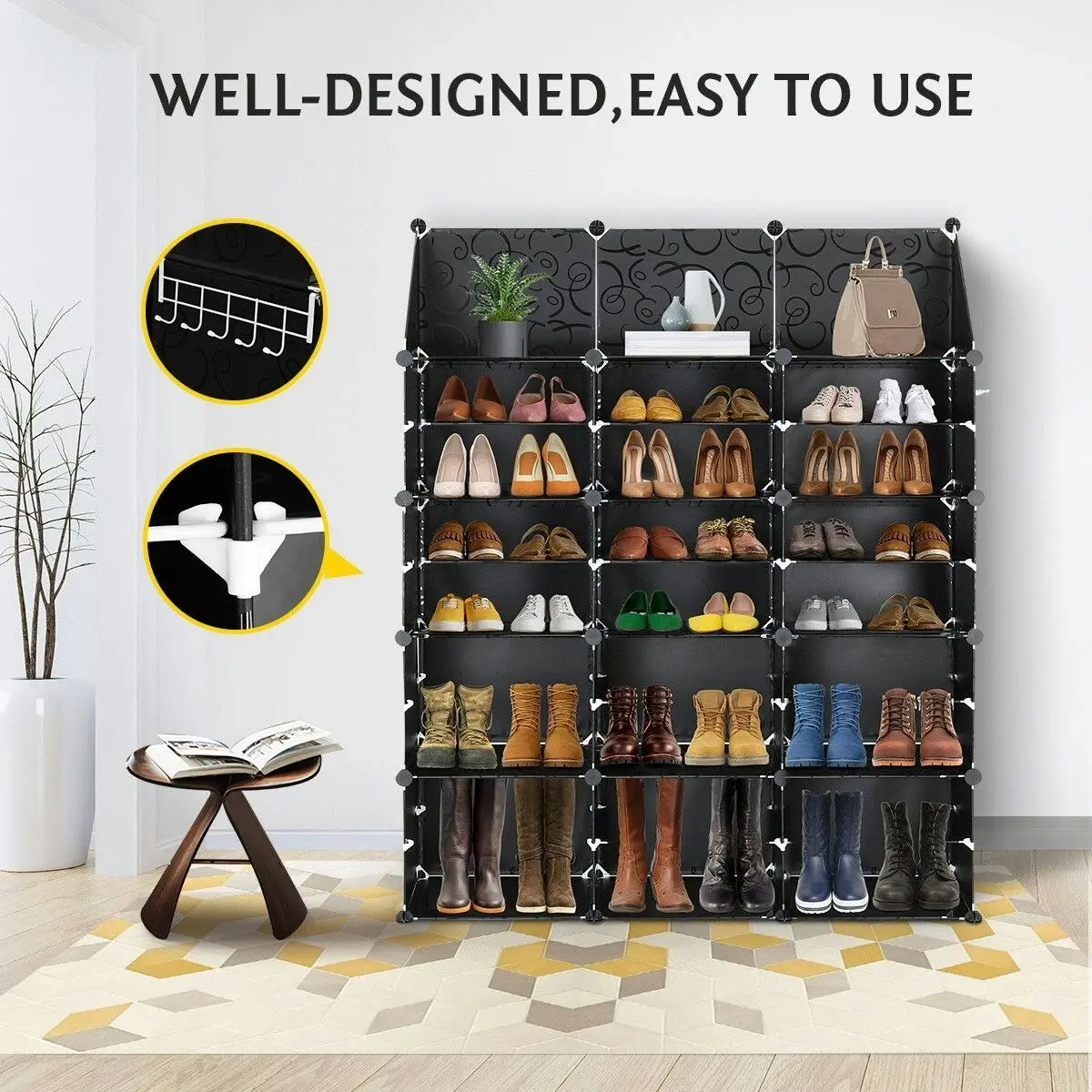 Ausway 48 Pairs Stackable Shoe Storage Box Organiser Cube DIY Shoe Cabinet Rack Shelf 24 Tier Black