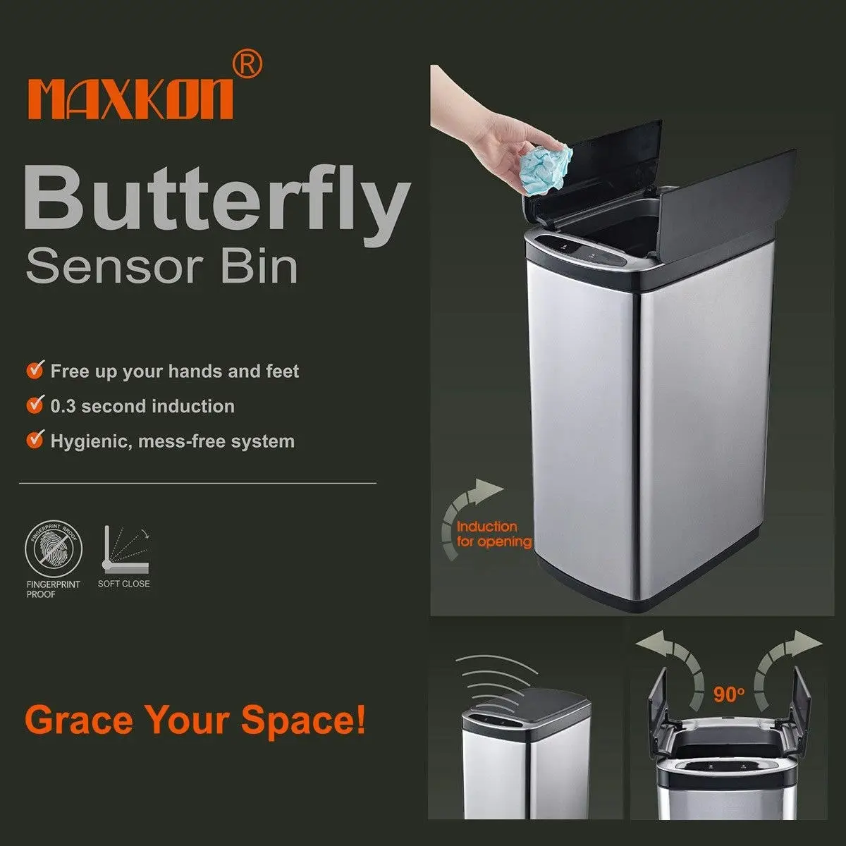 Maxkon 50L Smart Bin Kitchen Rubbish Bin Trash Waste Recycling Bin with Infrared Motion Sensor