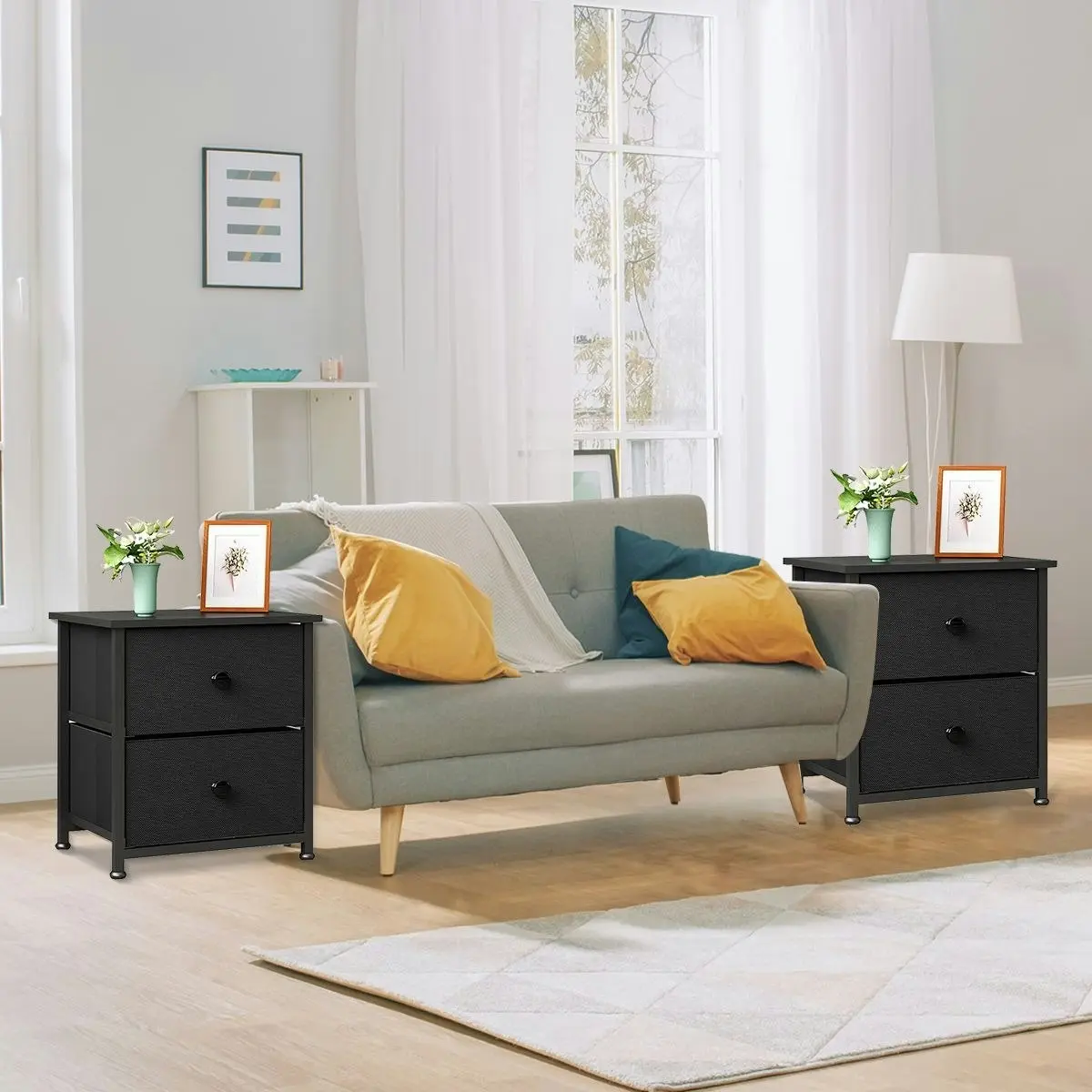 Ausway 2PCS Bedside Table Chest of 2 Drawers Bedroom Furniture Side Lamp Dresser Nightstand Black Sofa End Living Room Cabinet