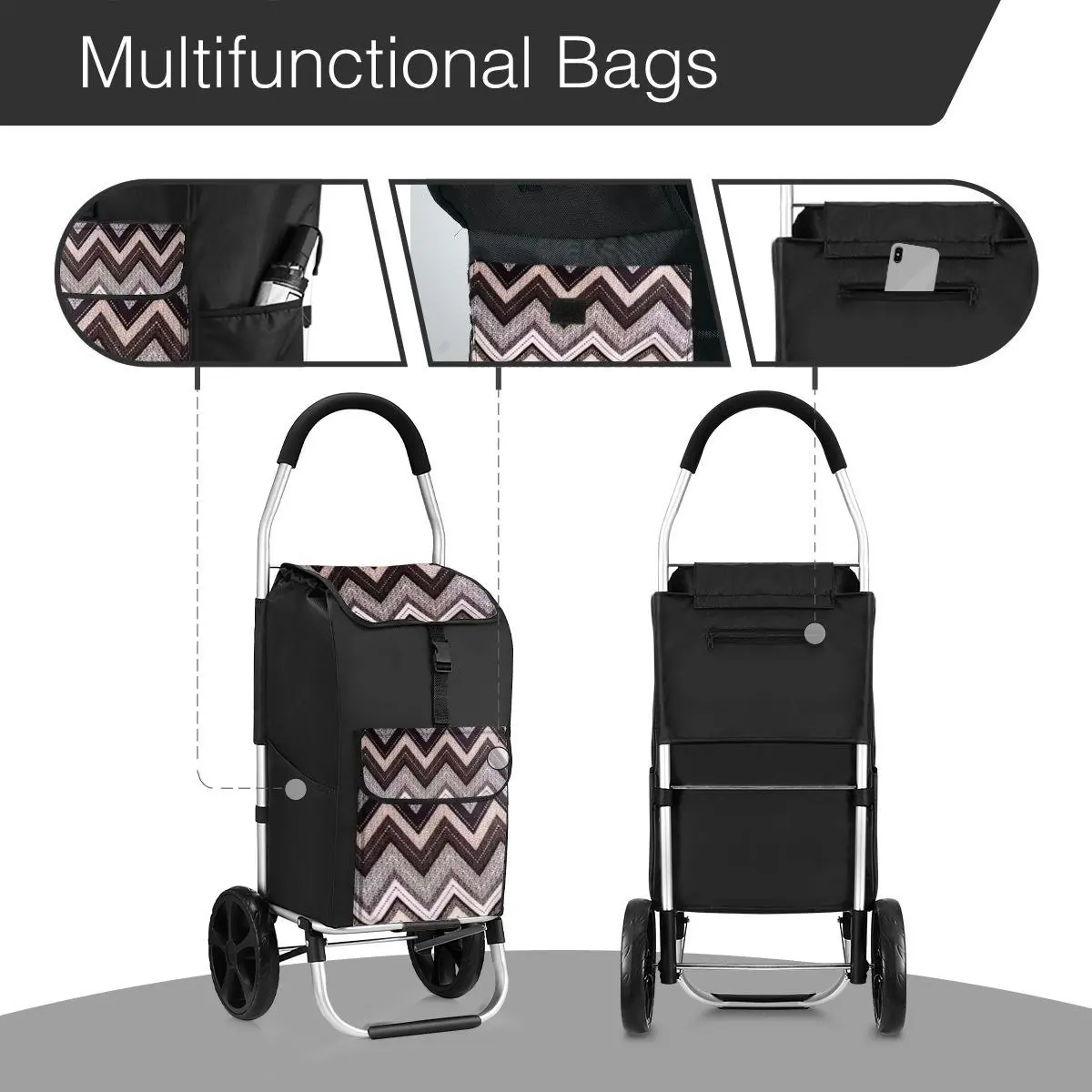 Ausway Foldable Aluminium Shopping Trolley with Bags Dolly Grocery Cart on Wheels Black