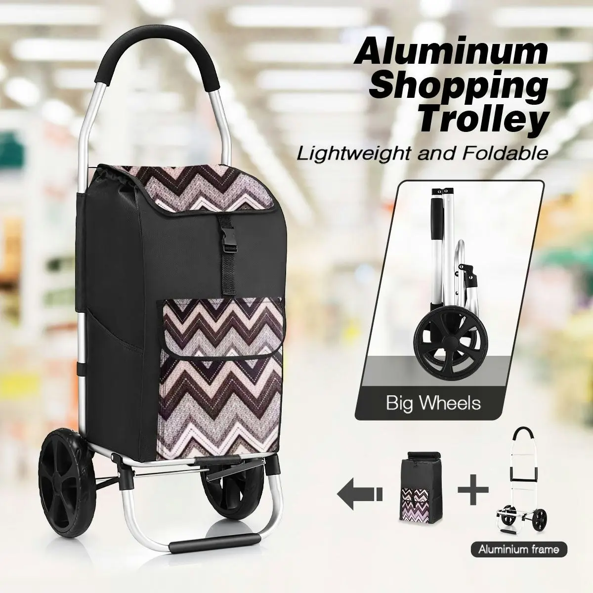 Ausway Foldable Aluminium Shopping Trolley with Bags Dolly Grocery Cart on Wheels Black