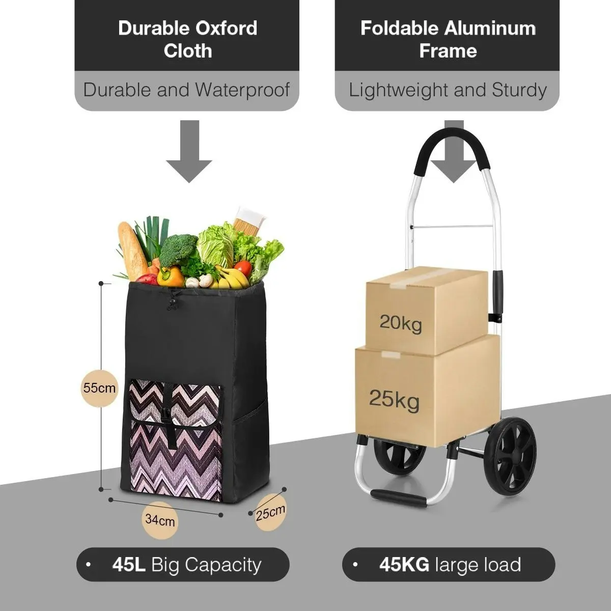 Ausway Foldable Aluminium Shopping Trolley with Bags Dolly Grocery Cart on Wheels Black