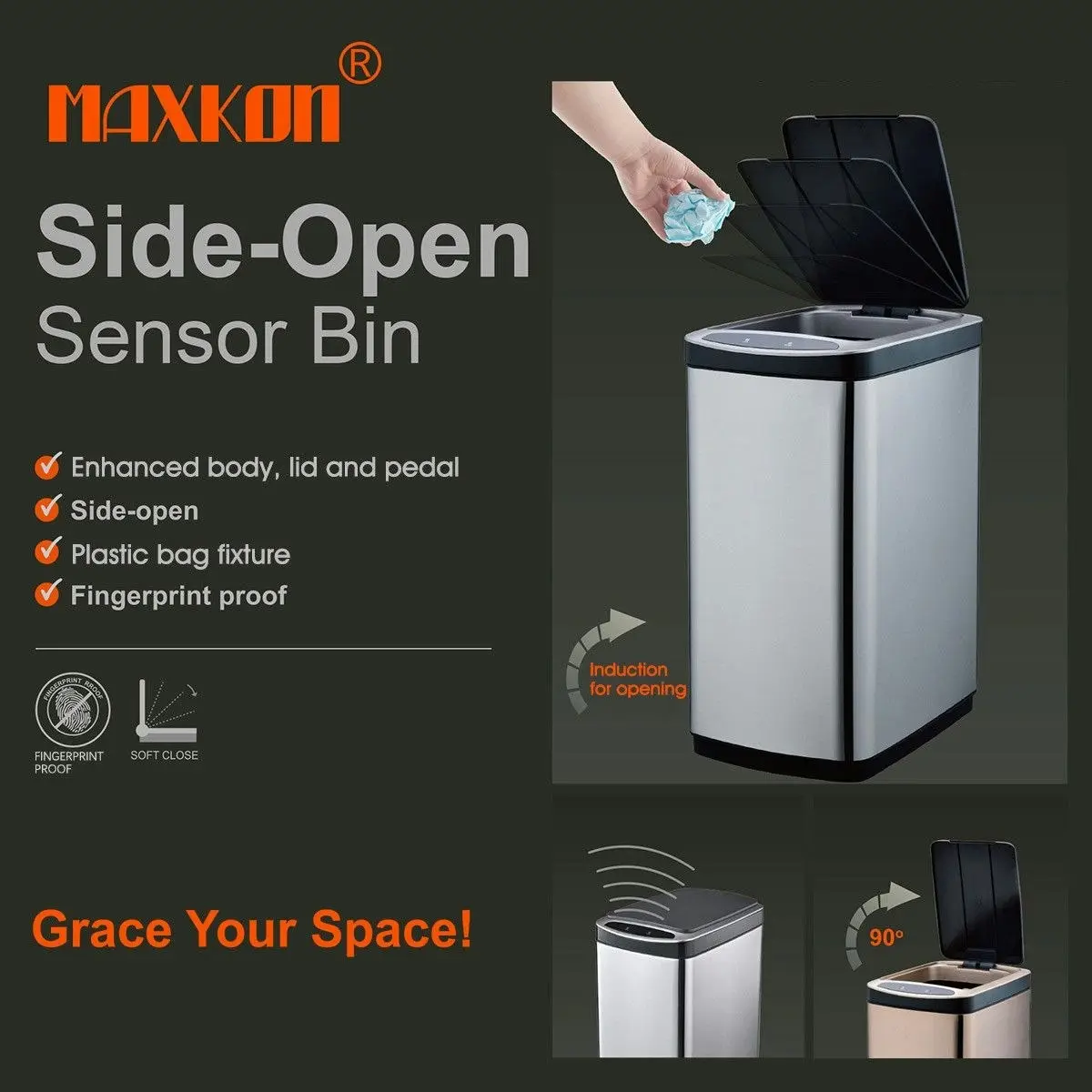 Maxkon 50L Smart Sensor Bin Kitchen Rubbish Recycling Bin Infrared Motion Sensor Trash Waste Bin