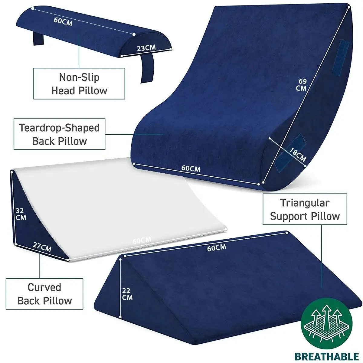 Ausway 4 Pcs Wedge Pillow Set Bed Cushion Memory Foam Head and Back Support Adjustable Navy Blue