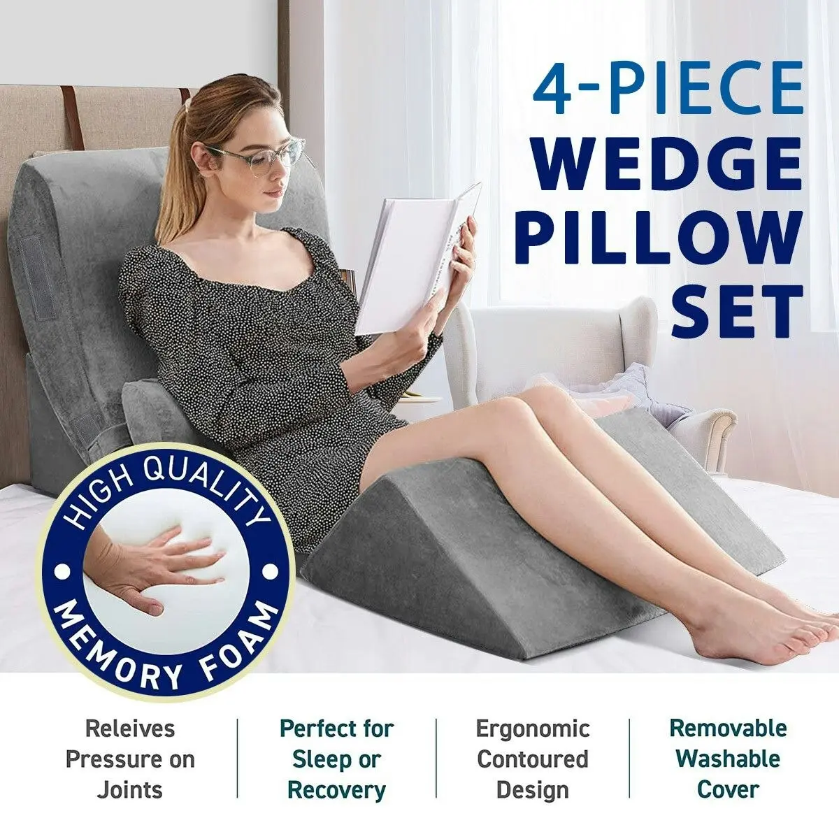 Ausway 4 Pcs Wedge Pillow Set Memory Foam Bed Cushion Back and Head Support Adjustable Gray