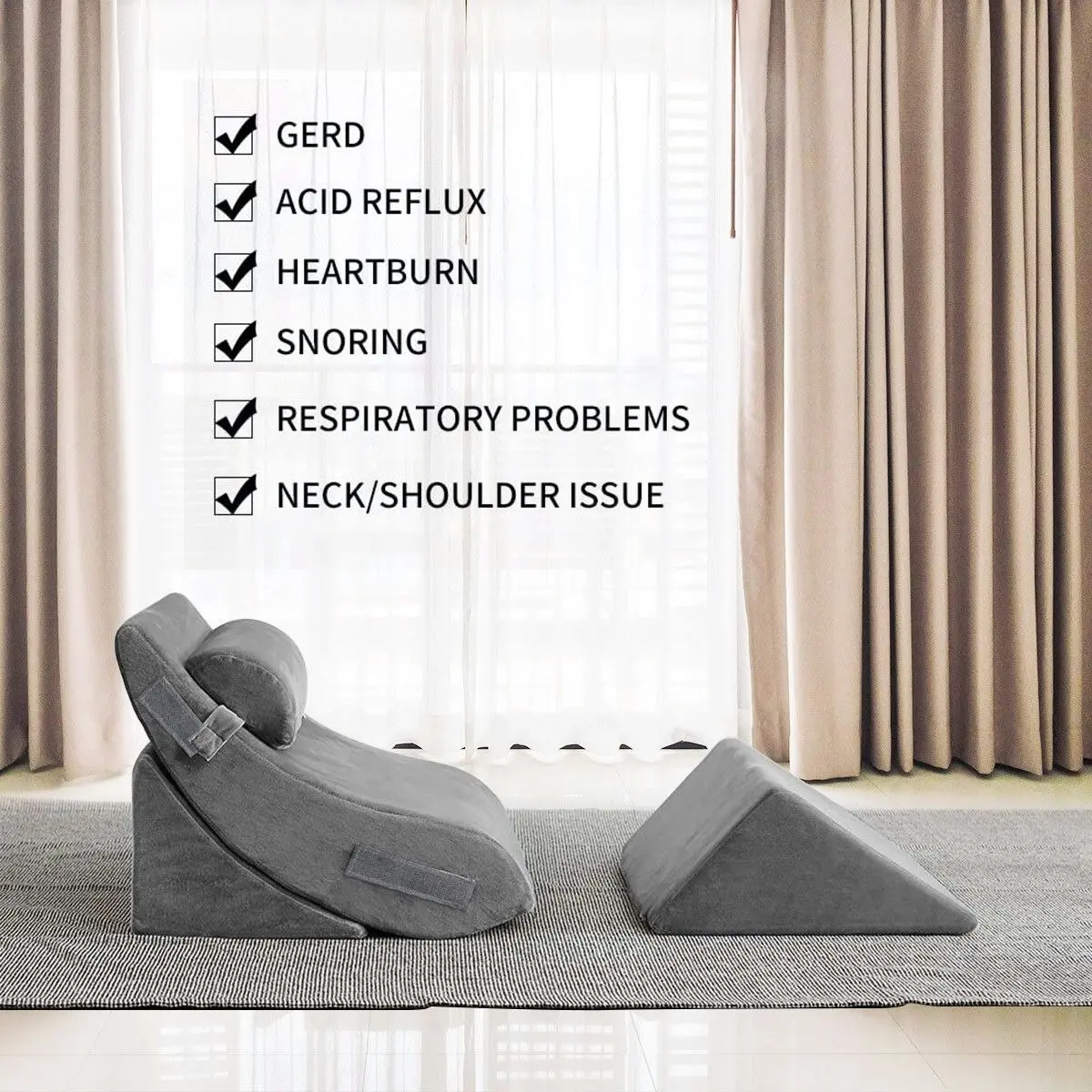 Ausway 4 Pcs Wedge Pillow Set Memory Foam Bed Cushion Back and Head Support Adjustable Gray