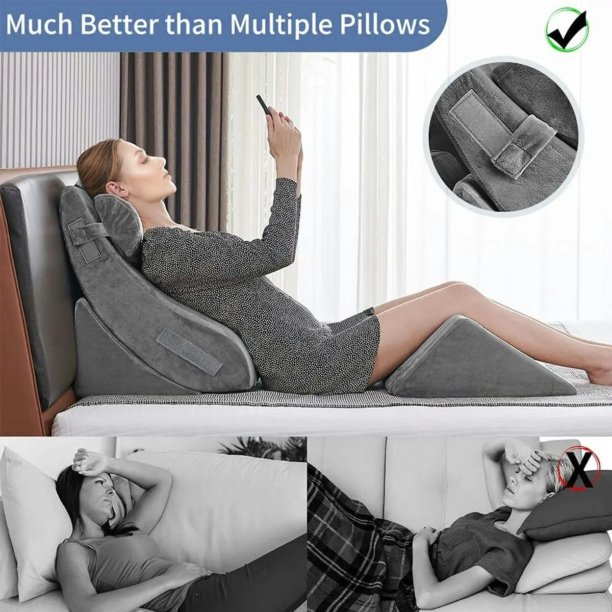 Ausway 4 Pcs Wedge Pillow Set Memory Foam Bed Cushion Back and Head Support Adjustable Gray