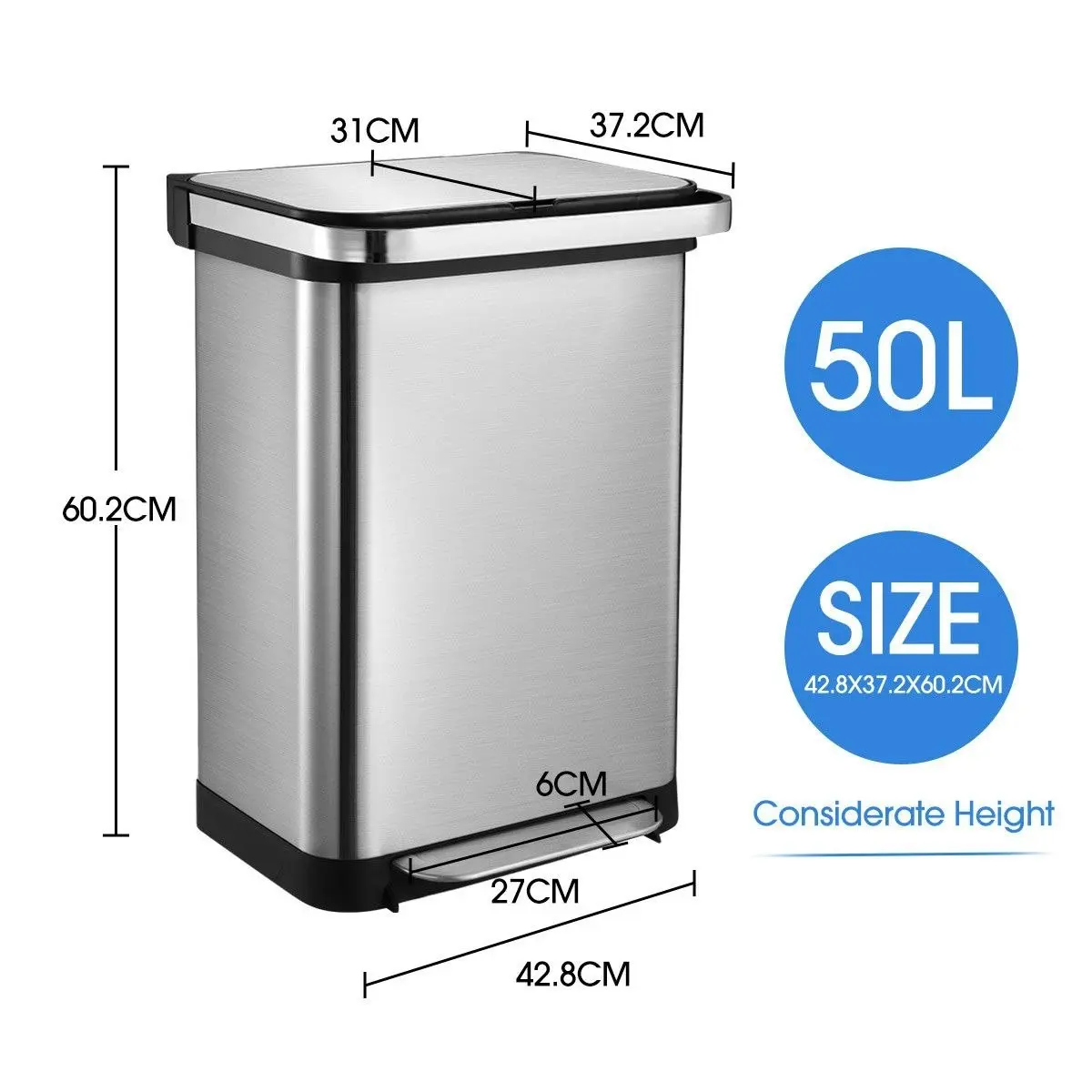 Maxkon 50L Stainless Steel Bin Kitchen Rubbish Bin Recycling Bin Trash Garbage Waste Bin