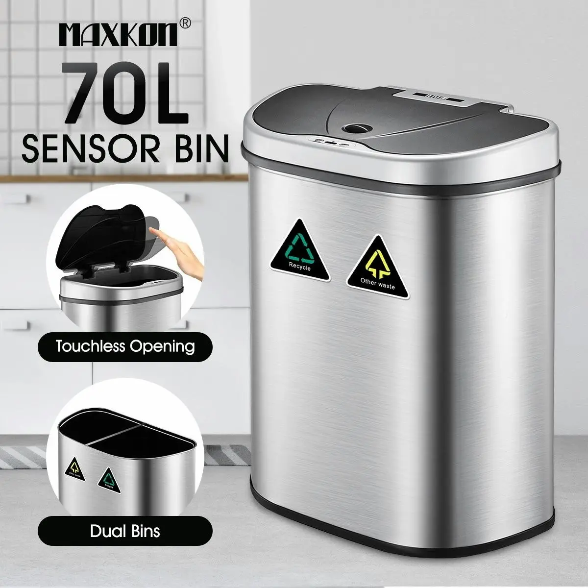 Maxkon Sensor Rubbish Bin 70L Motion Dual Kitchen Waste Can Auto Recycle Bin