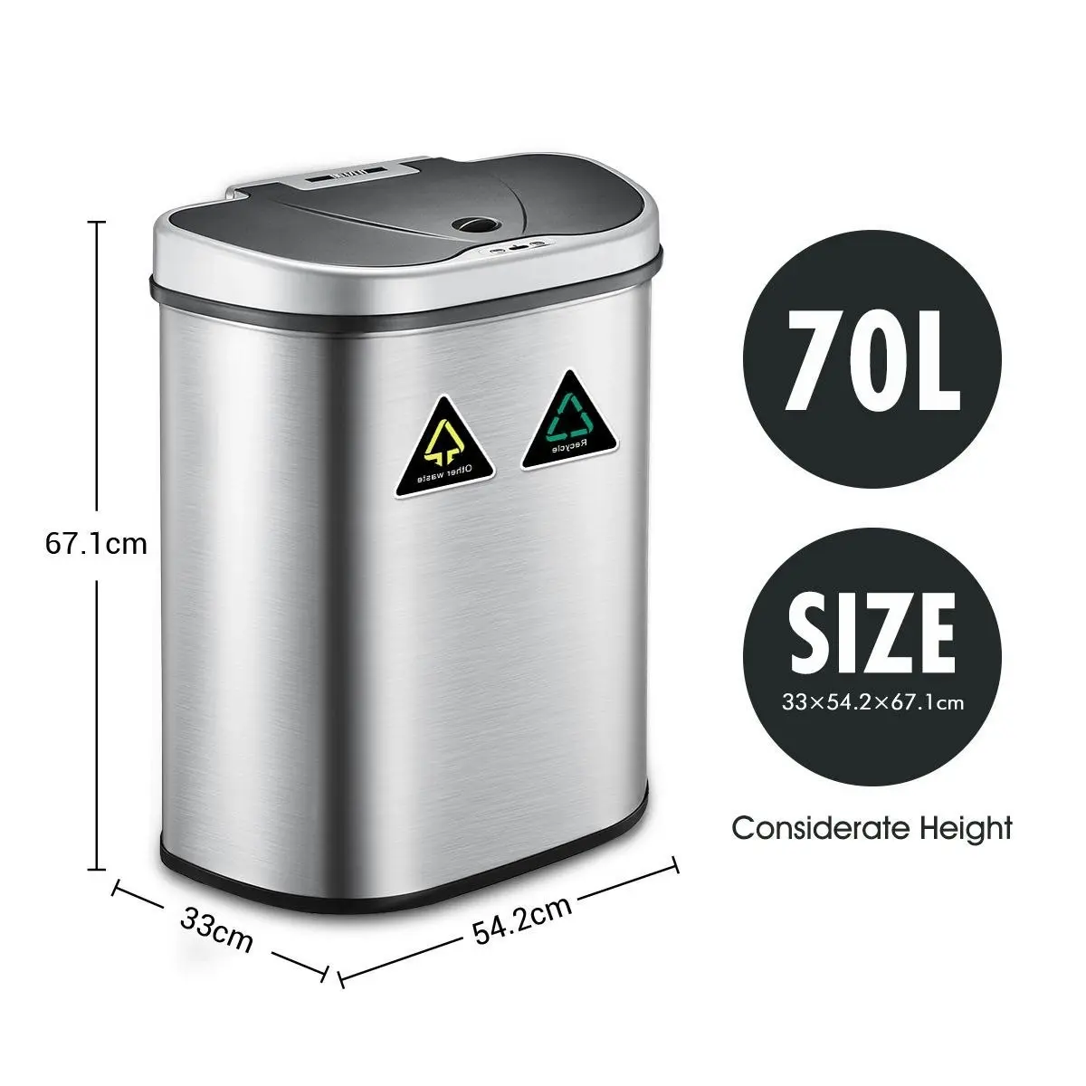 Maxkon Sensor Rubbish Bin 70L Motion Dual Kitchen Waste Can Auto Recycle Bin