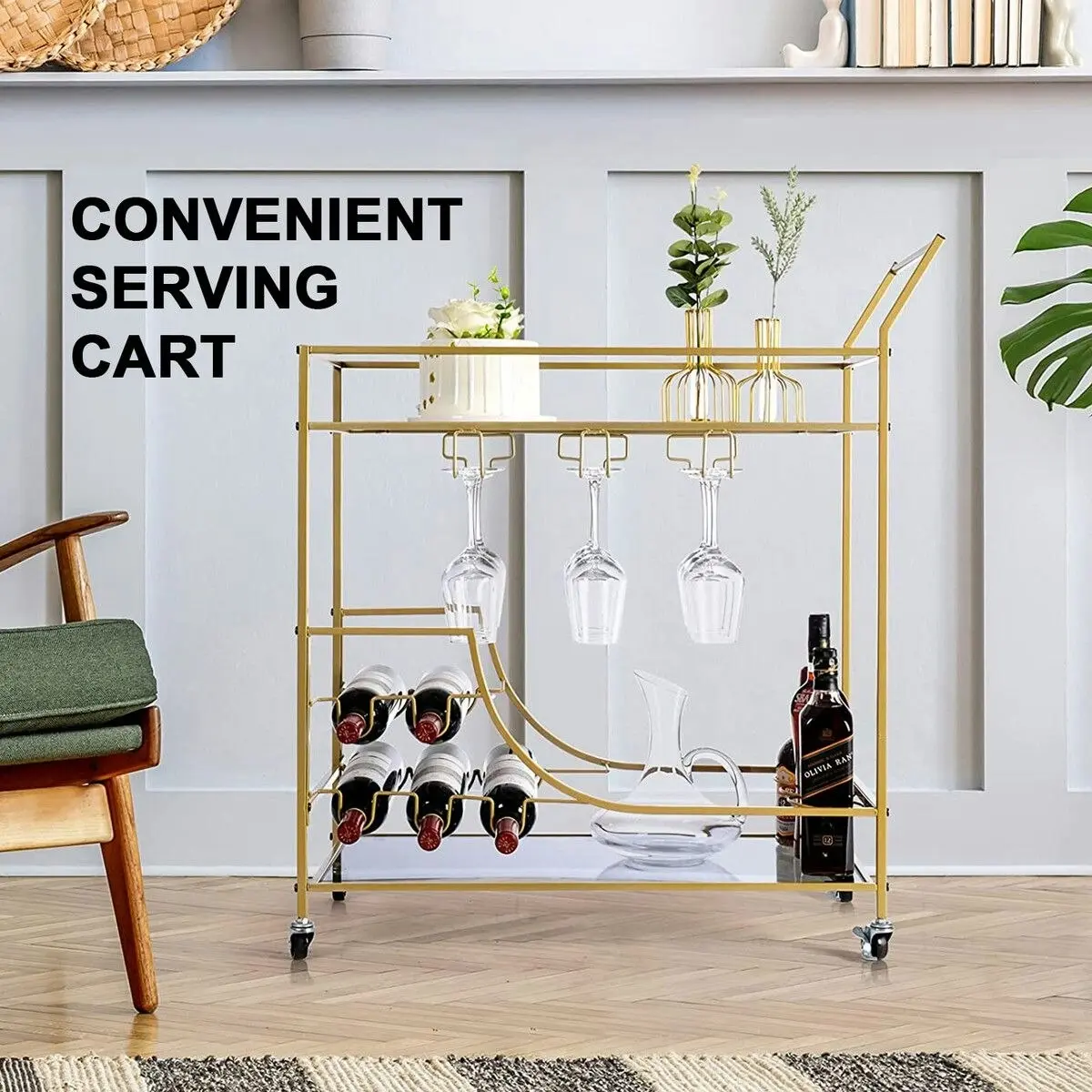 Ausway Gold Bar Cart Drinks Trolley Wine Coffee Tea Kitchen Serving Rack Wine Hooks Holders Rack Curtain Wall Mirror Shelves