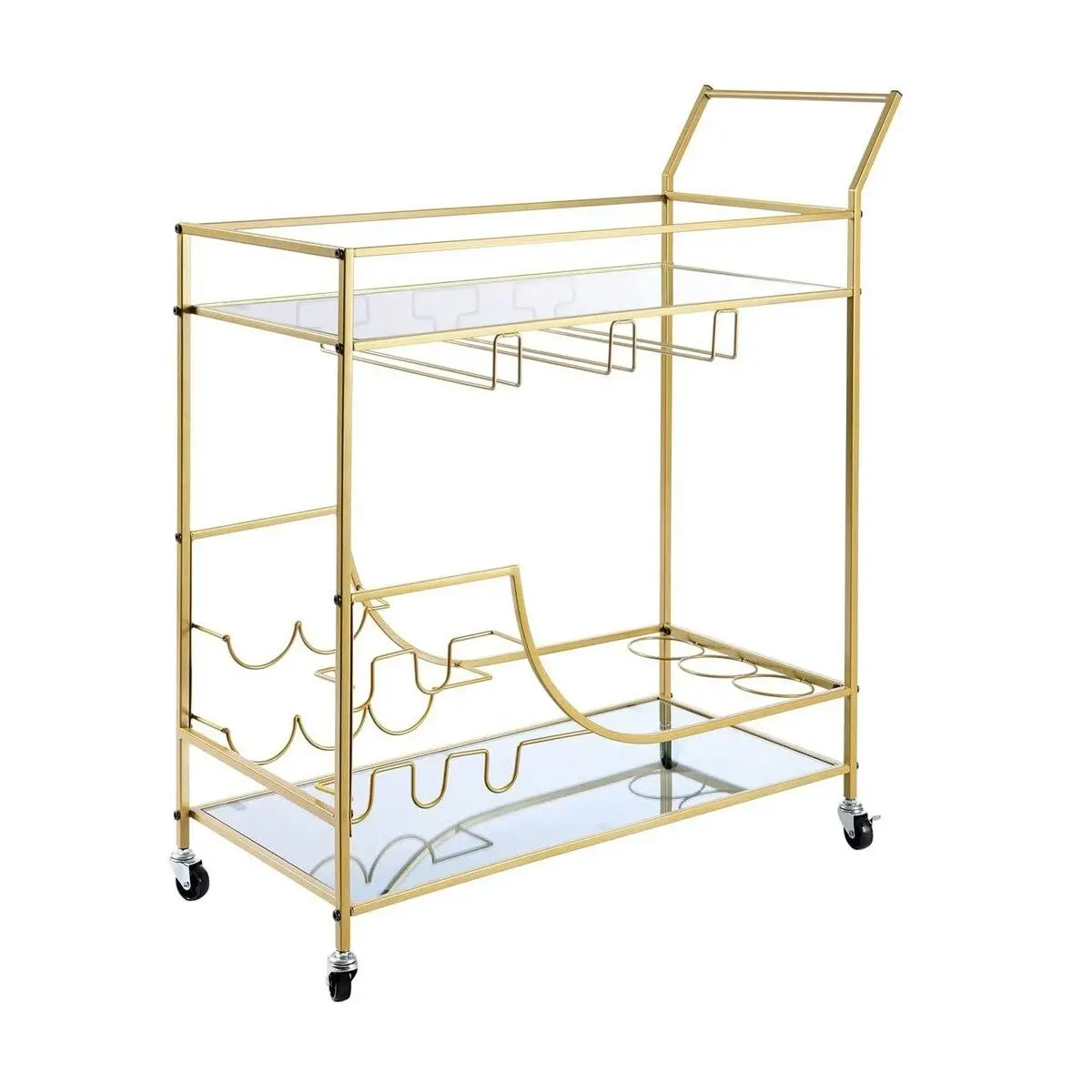 Ausway Gold Bar Cart Drinks Trolley Wine Coffee Tea Kitchen Serving Rack Wine Hooks Holders Rack Curtain Wall Mirror Shelves