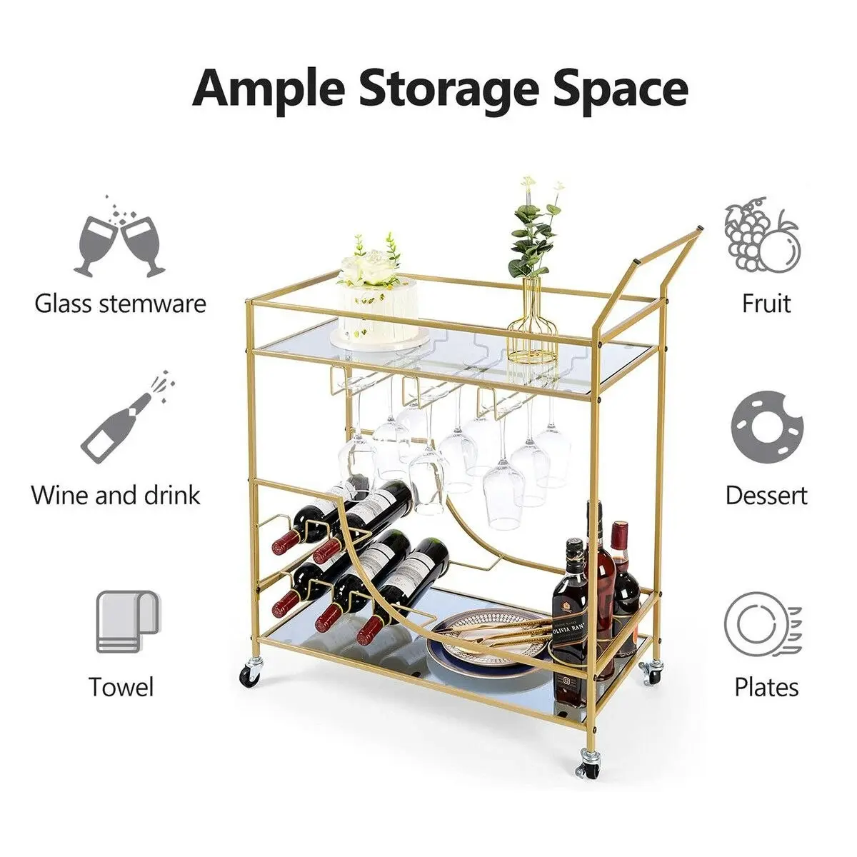 Ausway Gold Bar Cart Drinks Trolley Wine Coffee Tea Kitchen Serving Rack Wine Hooks Holders Rack Curtain Wall Mirror Shelves