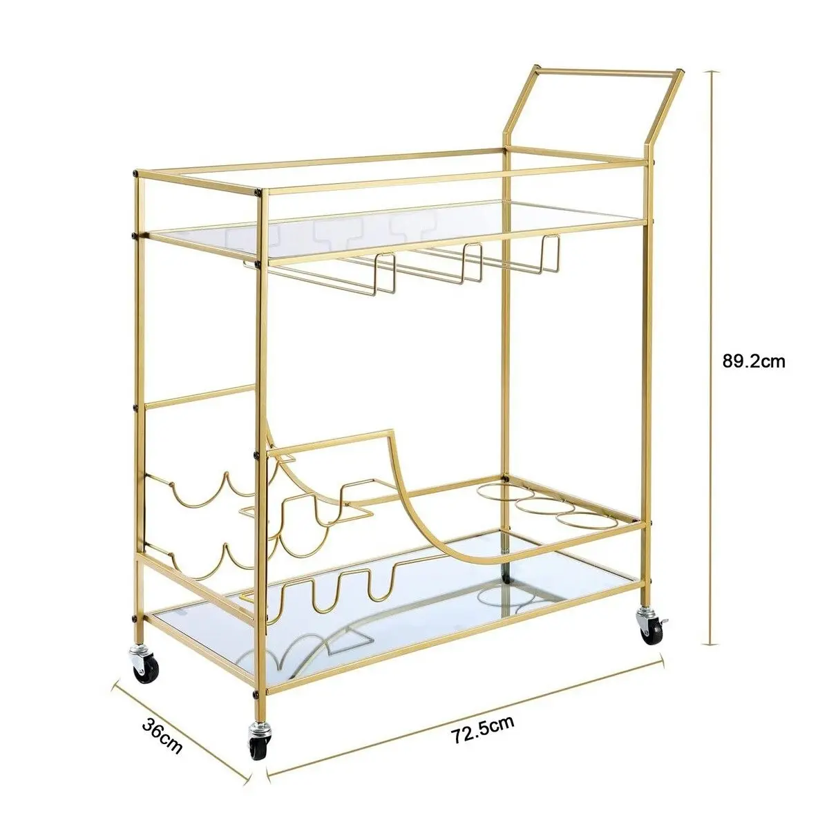 Ausway Gold Bar Cart Drinks Trolley Wine Coffee Tea Kitchen Serving Rack Wine Hooks Holders Rack Curtain Wall Mirror Shelves