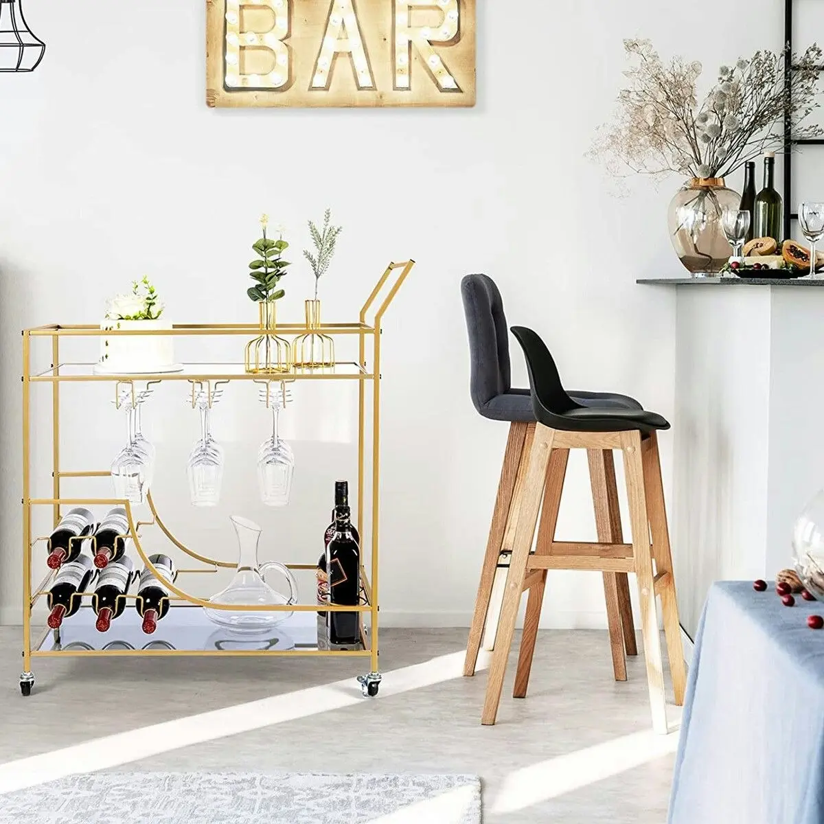 Ausway Gold Bar Cart Drinks Trolley Wine Coffee Tea Kitchen Serving Rack Wine Hooks Holders Rack Curtain Wall Mirror Shelves