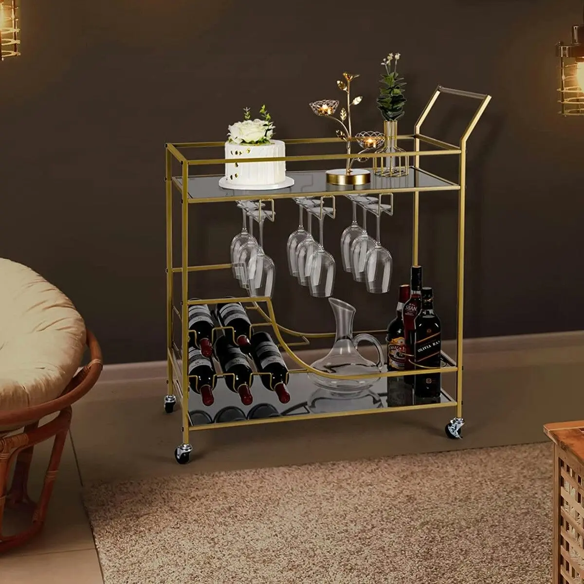 Ausway Gold Bar Cart Drinks Trolley Wine Coffee Tea Kitchen Serving Rack Wine Hooks Holders Rack Curtain Wall Mirror Shelves