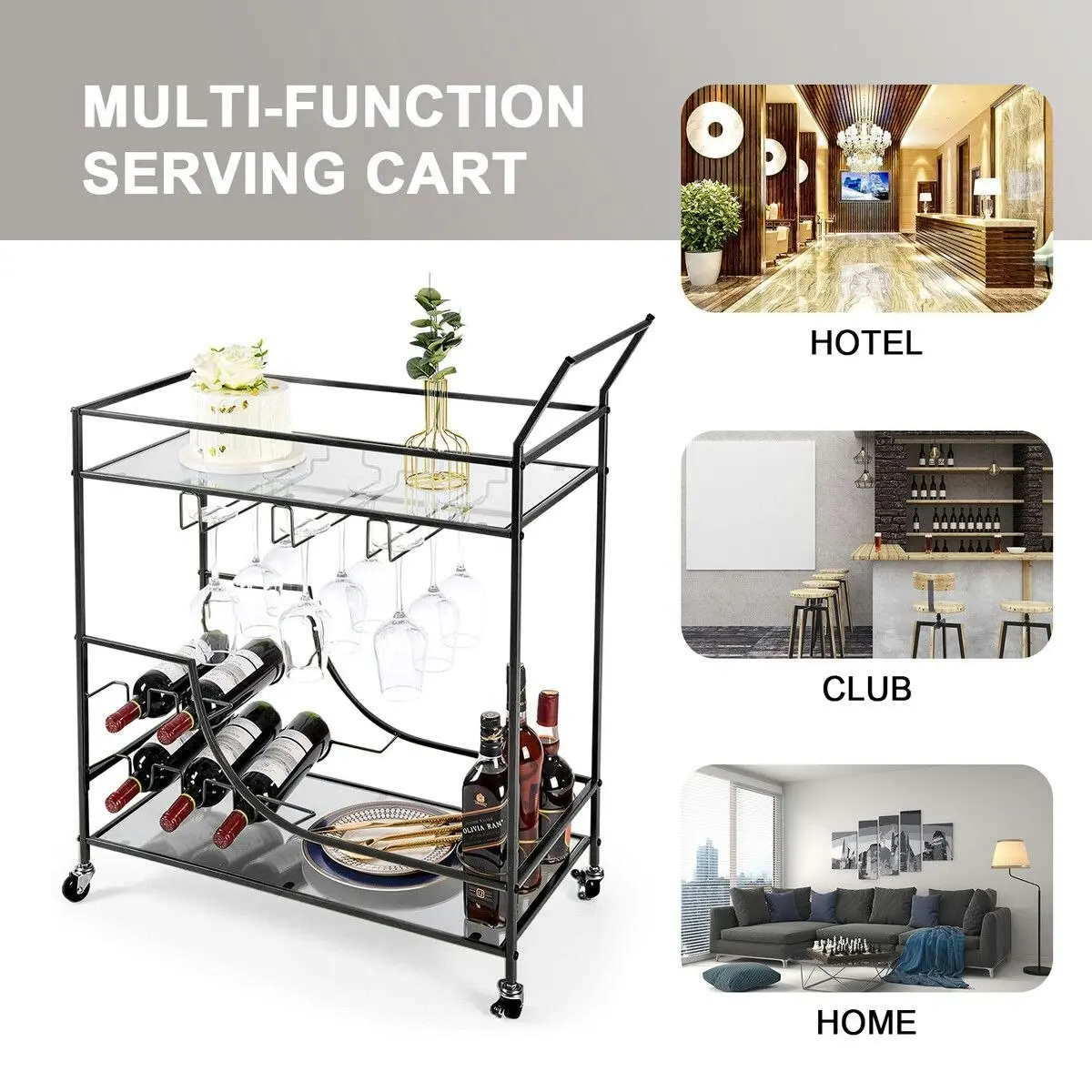 Ausway Black Bar Cart Drinks Trolley Coffee Tea Wine Kitchen Serving Rack Wine Holders Hooks Rack Curtain Wall Mirror Shelves