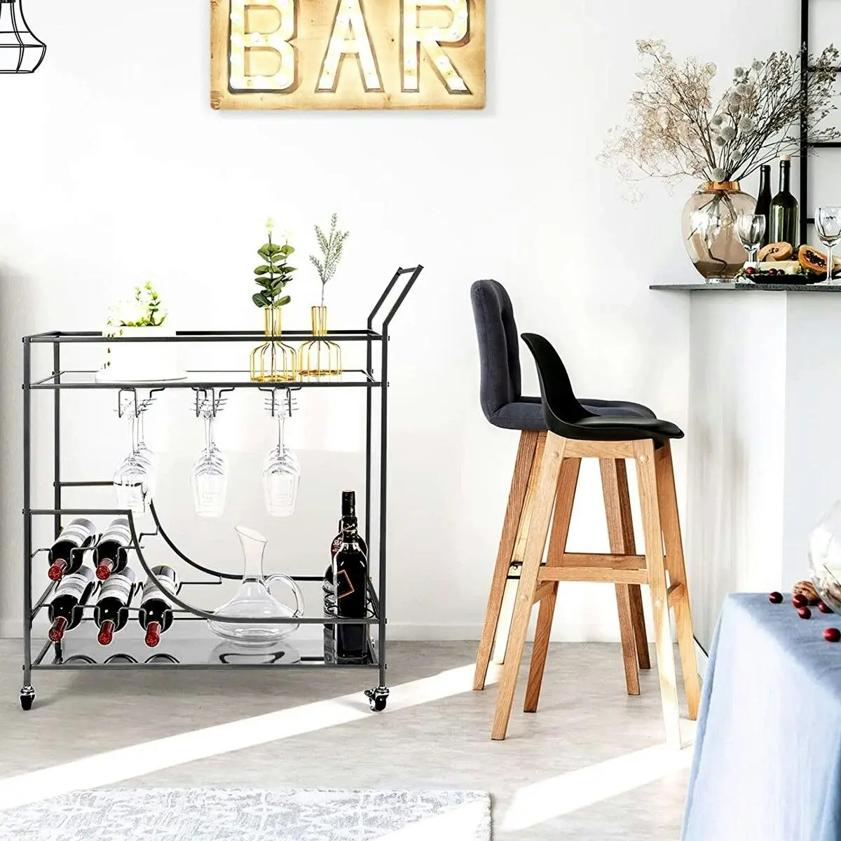 Ausway Black Bar Cart Drinks Trolley Coffee Tea Wine Kitchen Serving Rack Wine Holders Hooks Rack Curtain Wall Mirror Shelves