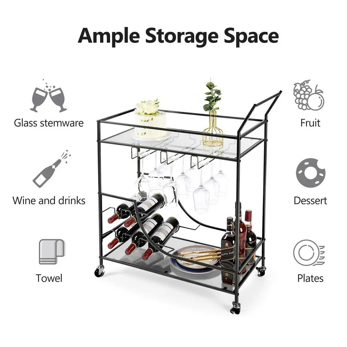 Ausway Black Bar Cart Drinks Trolley Coffee Tea Wine Kitchen Serving Rack Wine Holders Hooks Rack Curtain Wall Mirror Shelves