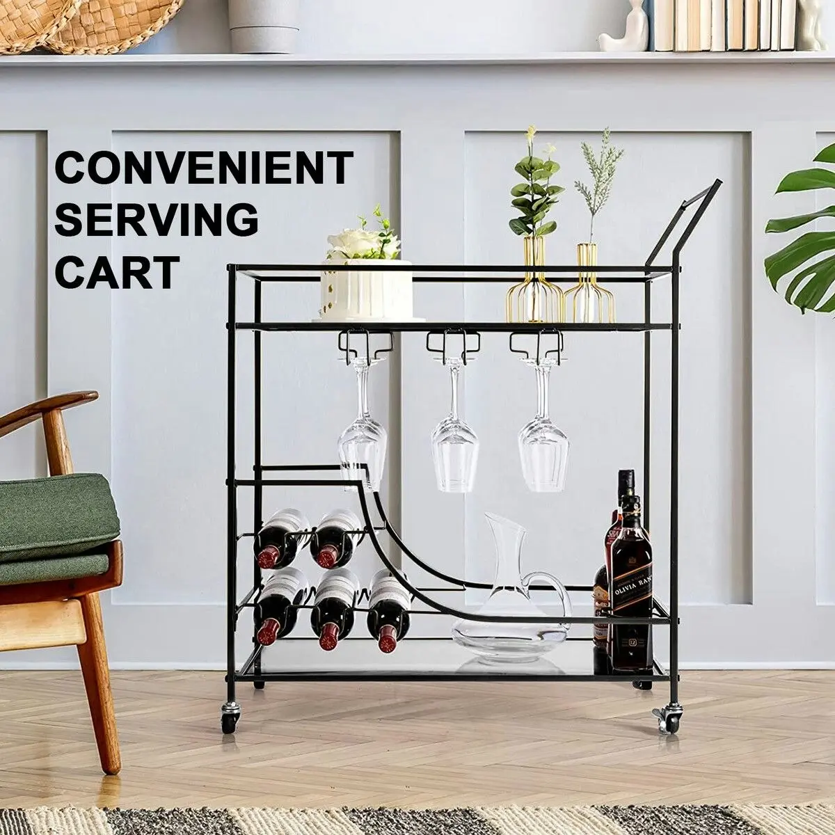 Ausway Black Bar Cart Drinks Trolley Coffee Tea Wine Kitchen Serving Rack Wine Holders Hooks Rack Curtain Wall Mirror Shelves