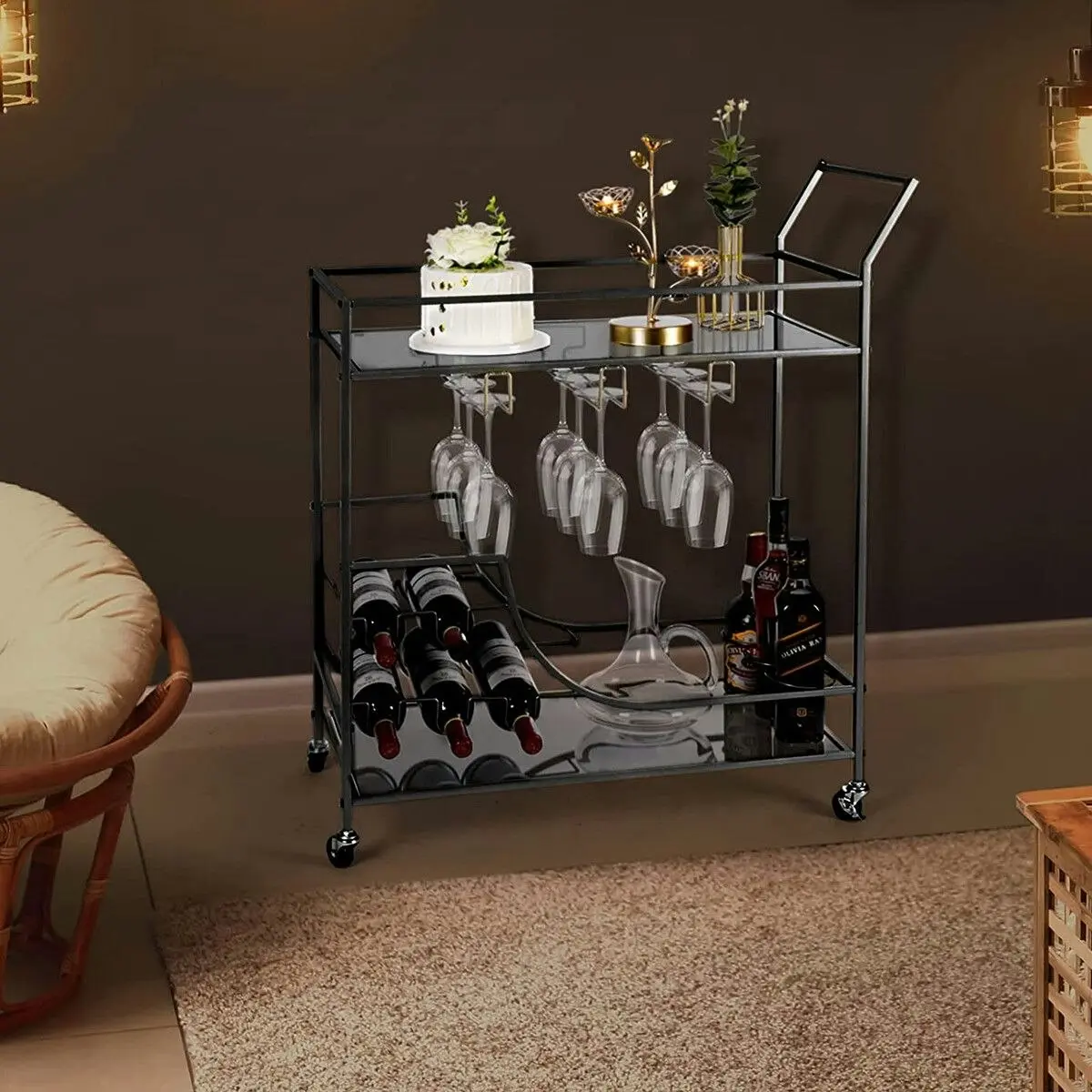 Ausway Black Bar Cart Drinks Trolley Coffee Tea Wine Kitchen Serving Rack Wine Holders Hooks Rack Curtain Wall Mirror Shelves