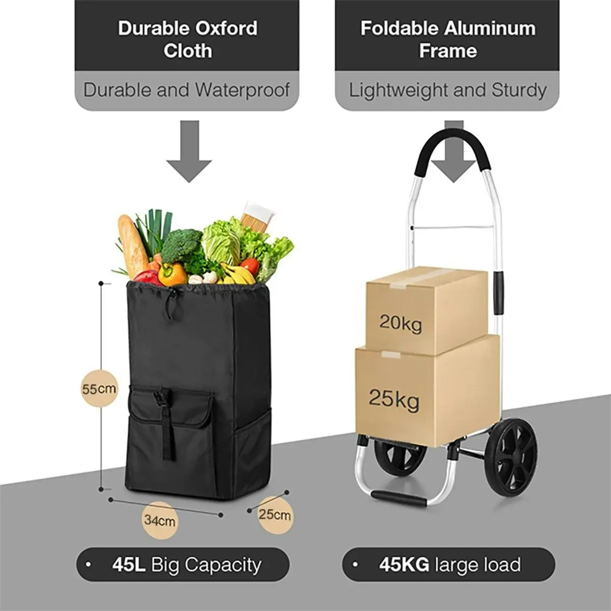 Ausway Foldable Aluminium Shopping Cart Trolley Bag Dolly w/ Wheels Black