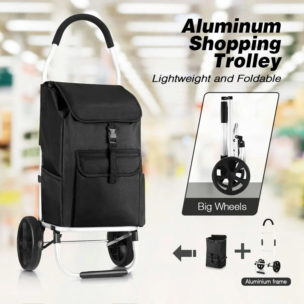 Ausway Foldable Aluminium Shopping Cart Trolley Bag Dolly w/ Wheels Black