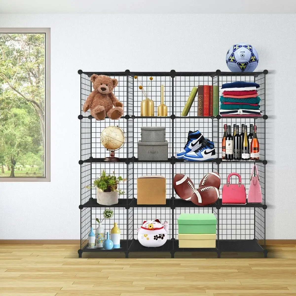 Ausway Metal Wire 16-Cube Organizer DIY Storage Modular Cabinet for Toys Books Clothes Black