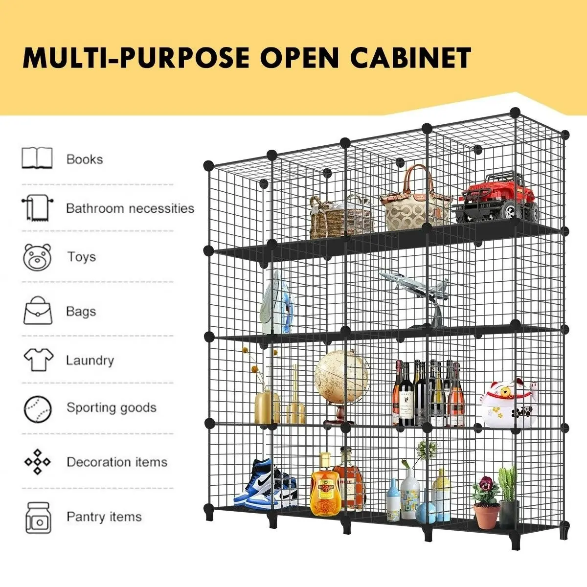 Ausway Metal Wire 16-Cube Organizer DIY Storage Modular Cabinet for Toys Books Clothes Black