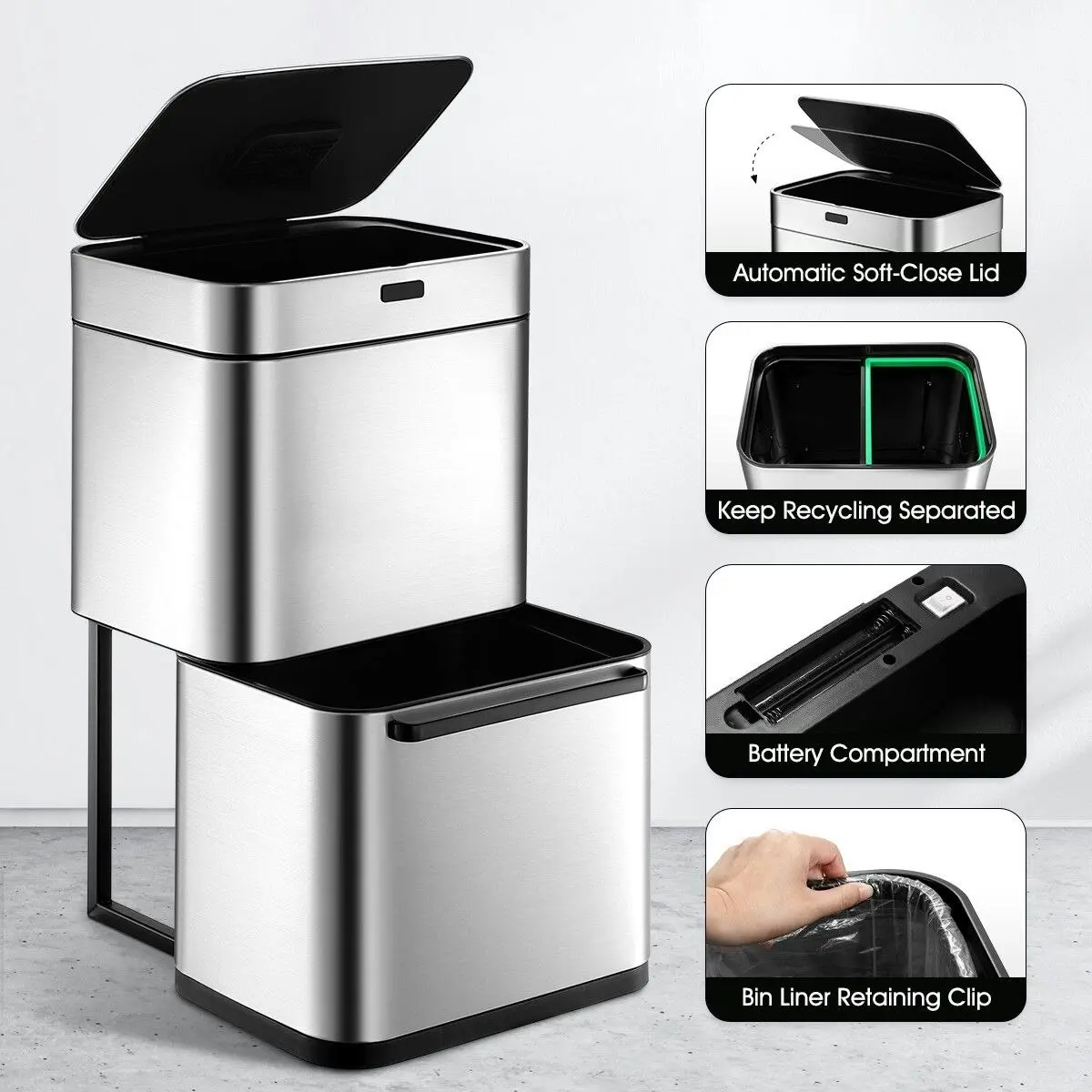 Ausway 80L Dual Rubbish Bin Sensor Recycling Kitchen Waste Trash Garbage Can Stainless Steel Silver