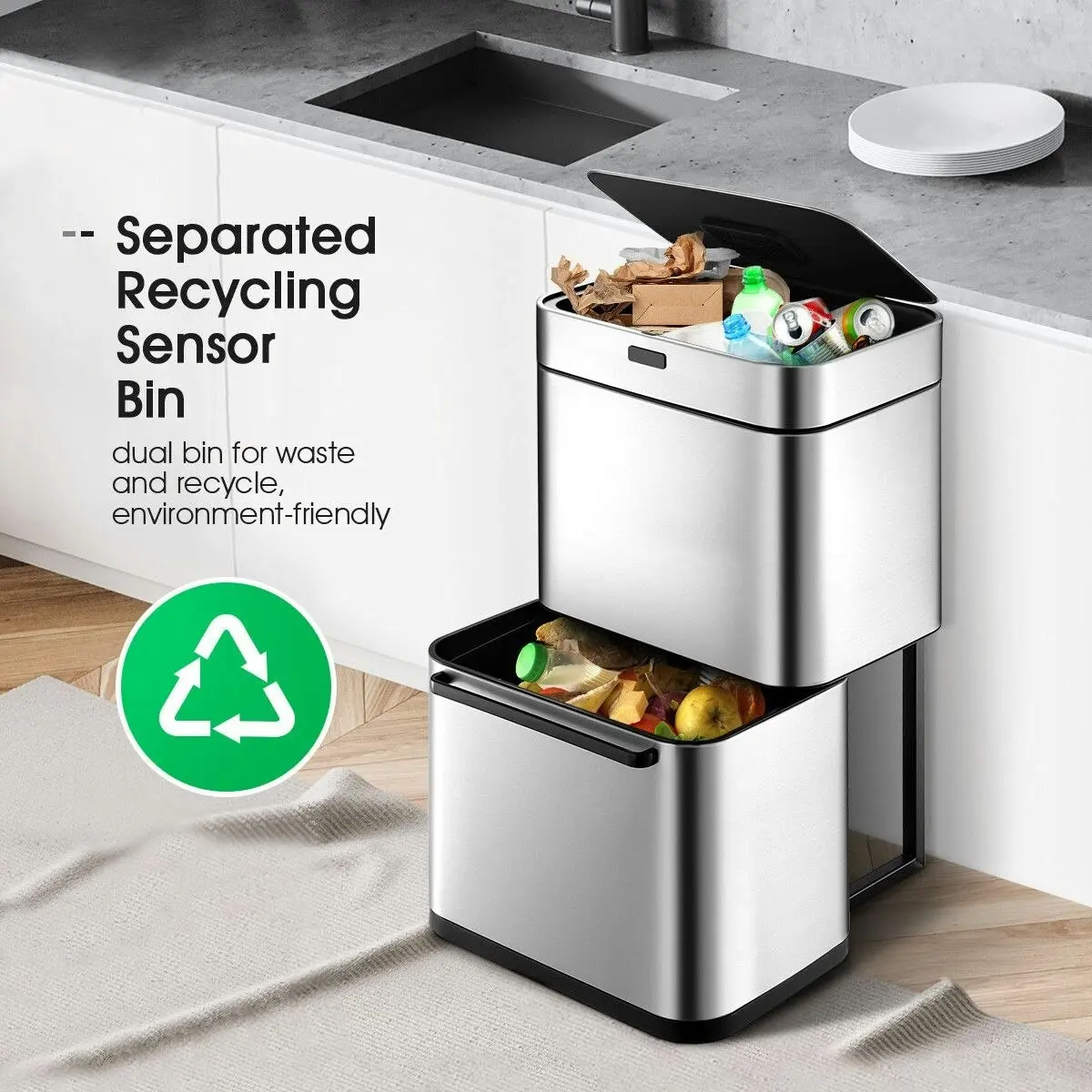 Ausway 80L Dual Rubbish Bin Sensor Recycling Kitchen Waste Trash Garbage Can Stainless Steel Silver