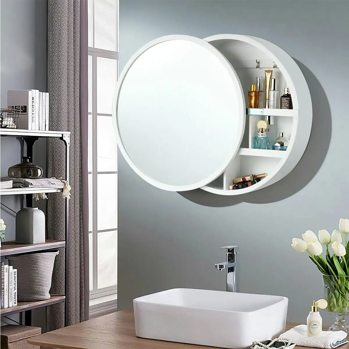 Ausway Bathroom Medicine Cabinet Mirror Vanity Round Wall Mirrored Cupboard with Storage Sliding Door White 60cm Diameter