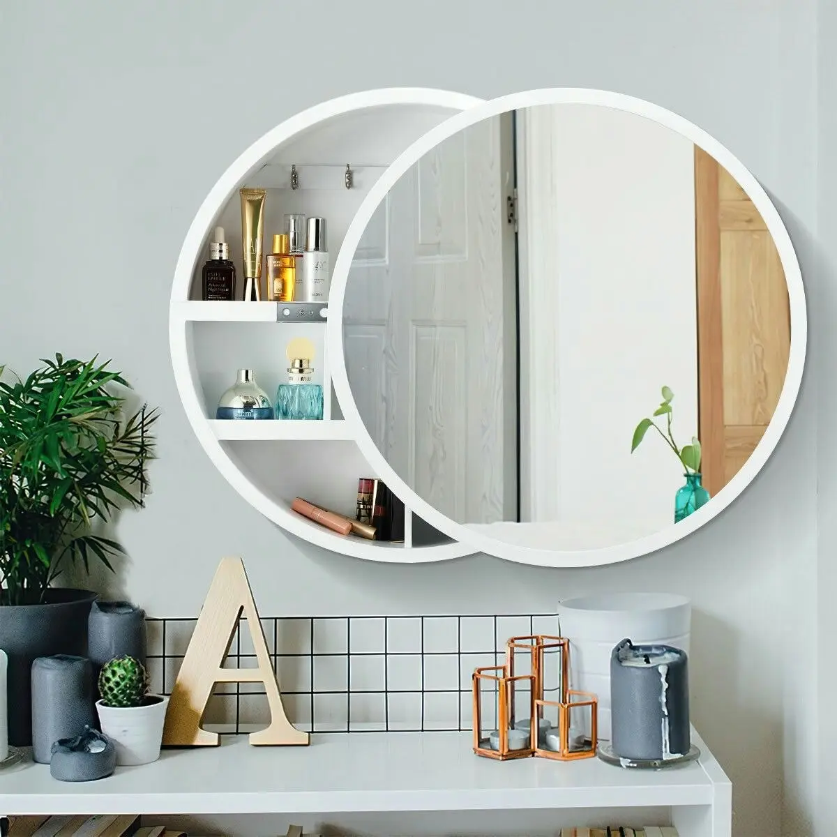 Ausway Bathroom Medicine Cabinet Mirror Vanity Round Wall Mirrored Cupboard with Storage Sliding Door White 60cm Diameter