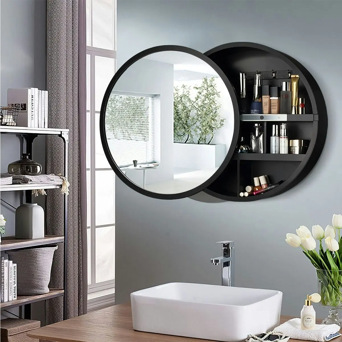 Ausway Bathroom Mirror Cabinet Medicine Vanity Round Wall Mirrored Cupboard with Storage Sliding Door Black 60cm Diameter