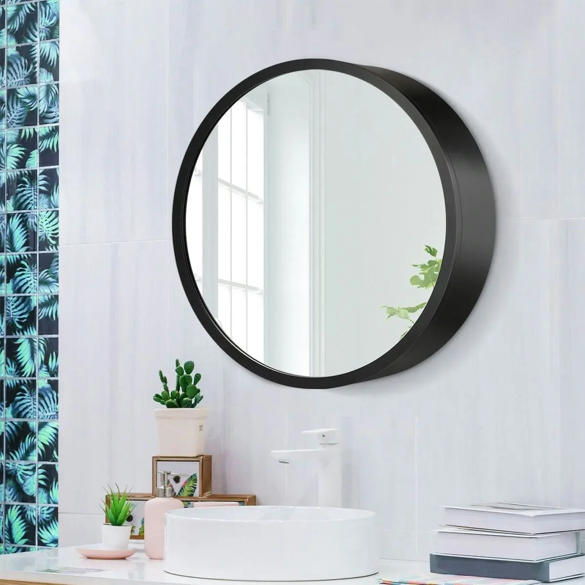 Ausway Bathroom Mirror Cabinet Medicine Vanity Round Wall Mirrored Cupboard with Storage Sliding Door Black 60cm Diameter