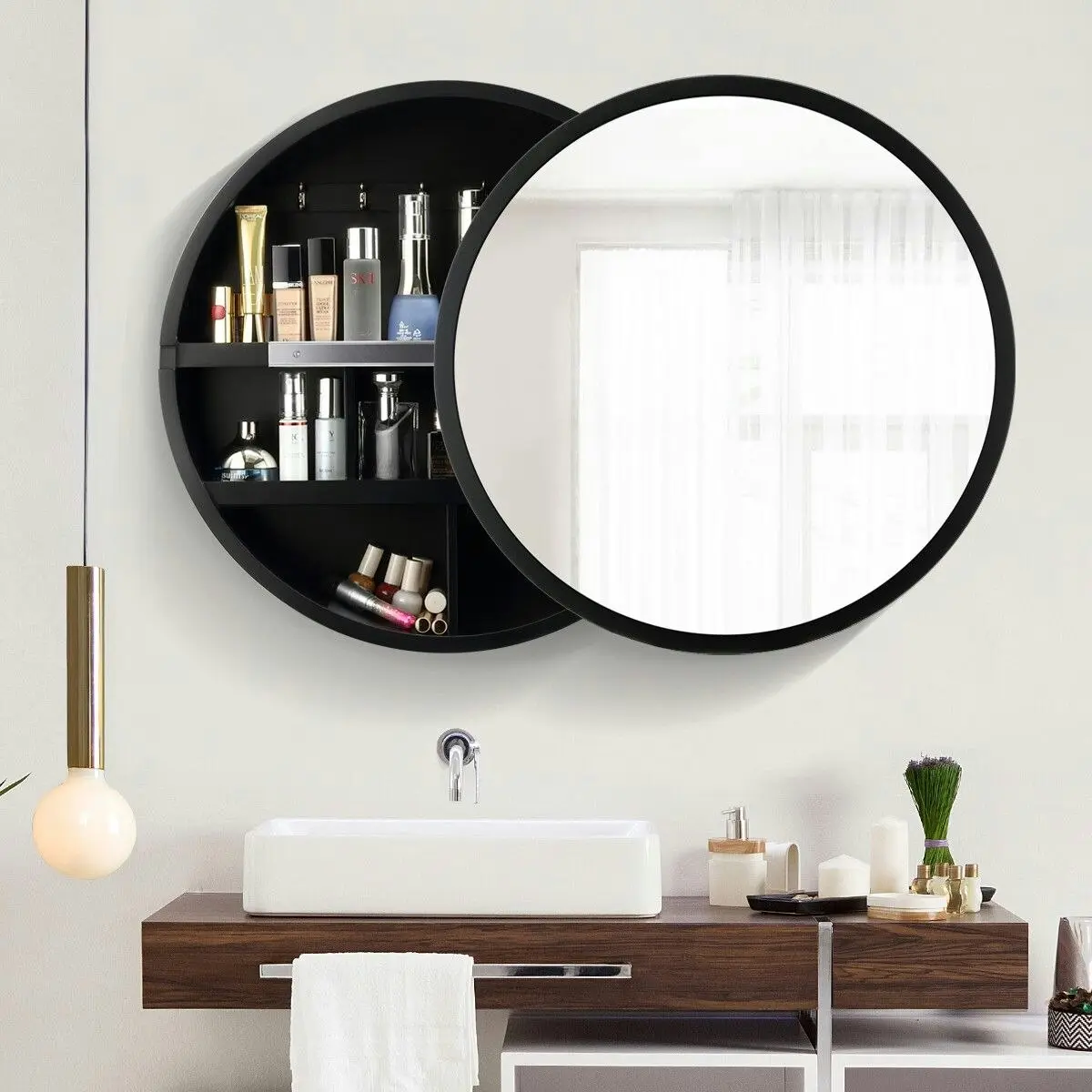 Ausway Bathroom Mirror Cabinet Medicine Vanity Round Wall Mirrored Cupboard with Storage Sliding Door Black 60cm Diameter