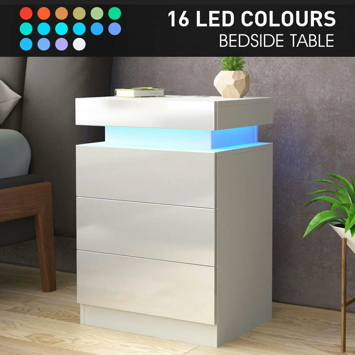 Ausway White Bedside Table Chest of 3 Drawers Nightstand Bedroom Dresser Storage Cabinet Wooden Modern LED Lights Wireless Charging 3 USB Ports High Gloss Front