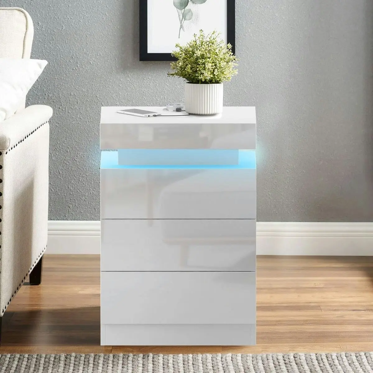 Ausway White Bedside Table Chest of 3 Drawers Nightstand Bedroom Dresser Storage Cabinet Wooden Modern LED Lights Wireless Charging 3 USB Ports High Gloss Front