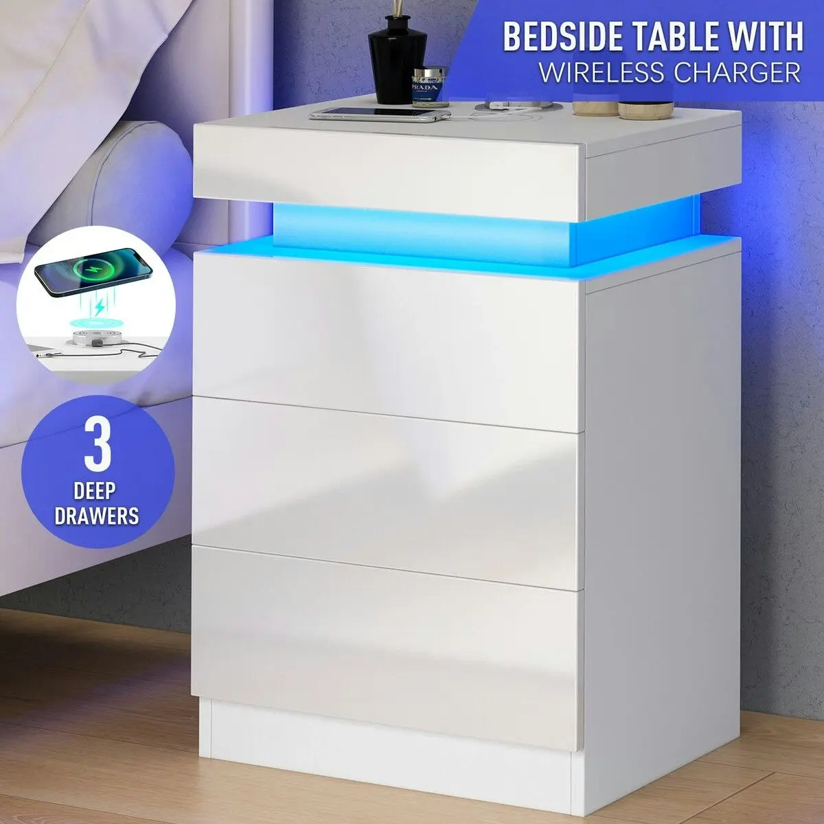 Ausway White Bedside Table Chest of 3 Drawers Nightstand Bedroom Dresser Storage Cabinet Wooden Modern LED Lights Wireless Charging 3 USB Ports High Gloss Front