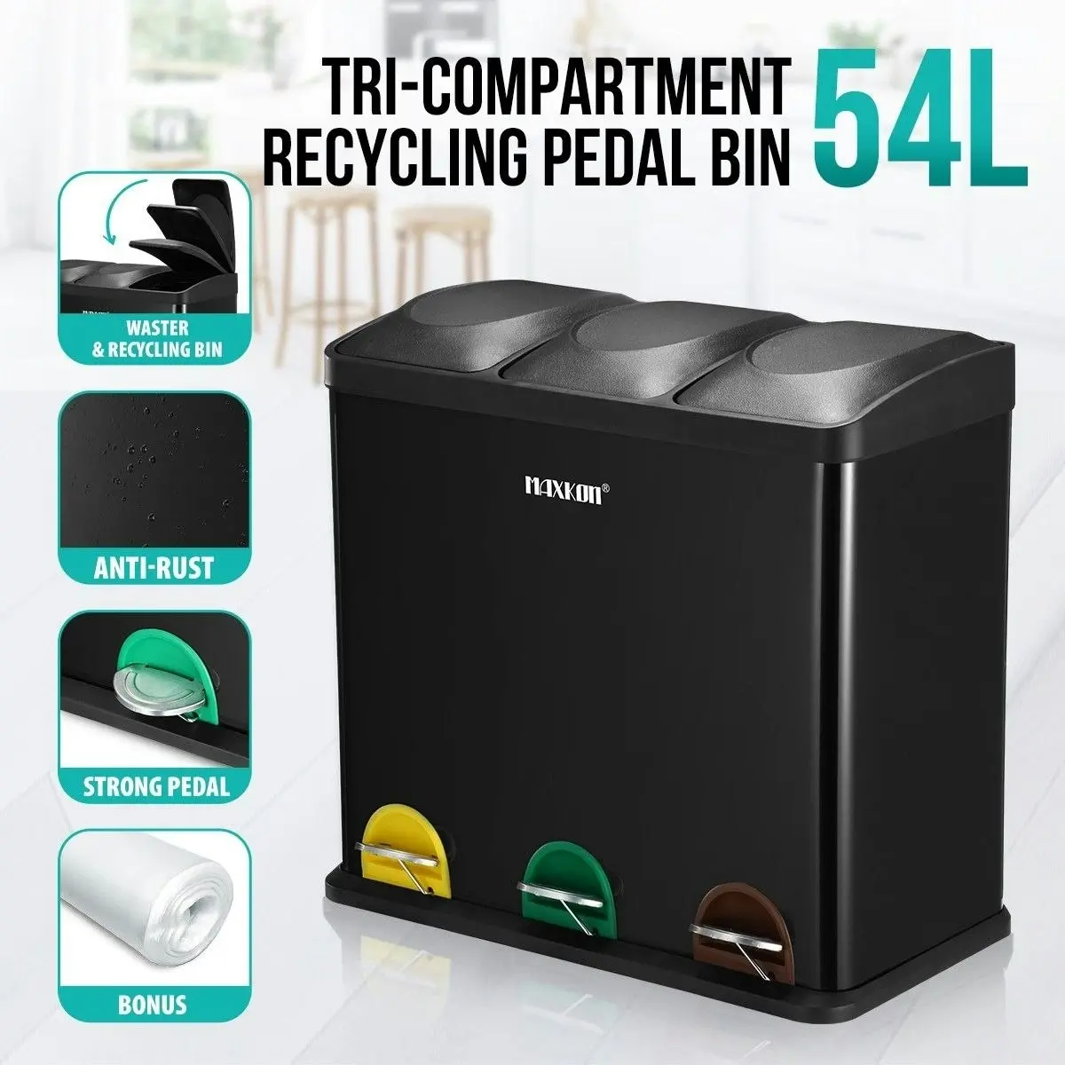 Maxkon 54L Triple Compartment Pedal Bin Kitchen Recycling Waste Bins Coated Steel Black