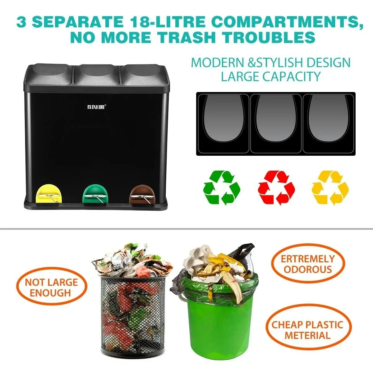 Maxkon 54L Triple Compartment Pedal Bin Kitchen Recycling Waste Bins Coated Steel Black