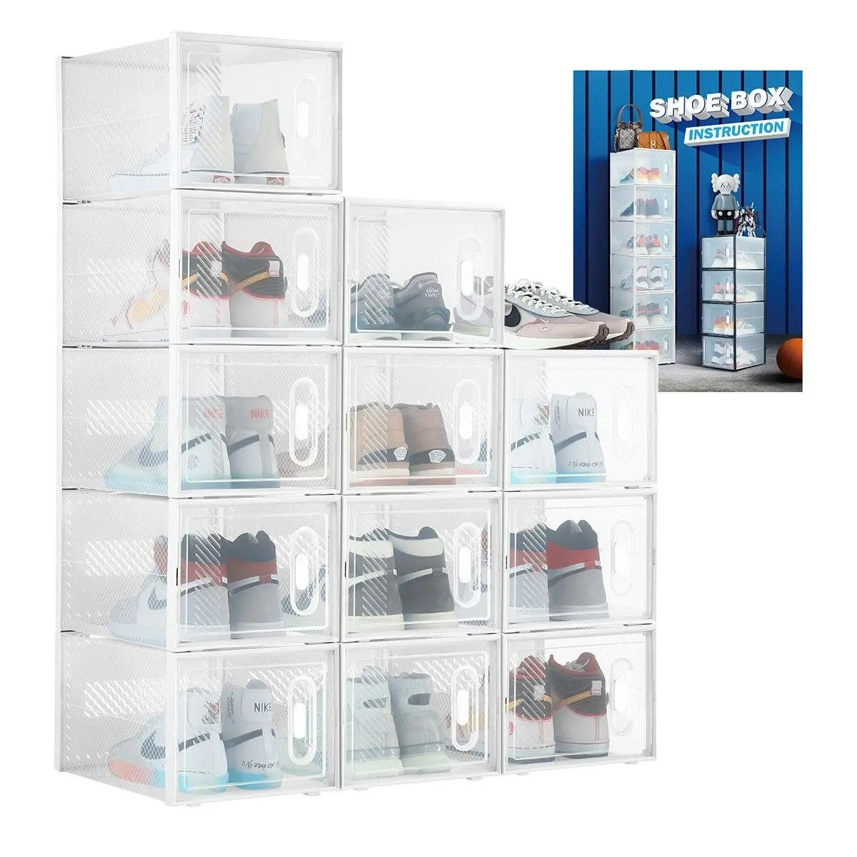 Ausway 12PCS Shoe Storage Box Sneaker Display Case Clear Plastic Boxes Extra Large Stackable Organiser