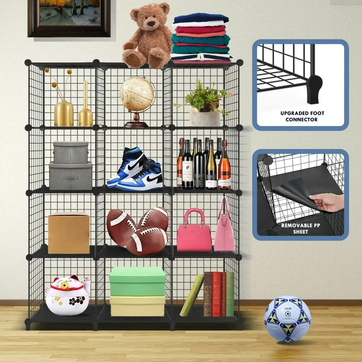 Ausway DIY Metal Wire Cube Storage 12 Cubes Modular Storage Shelf Closet Black